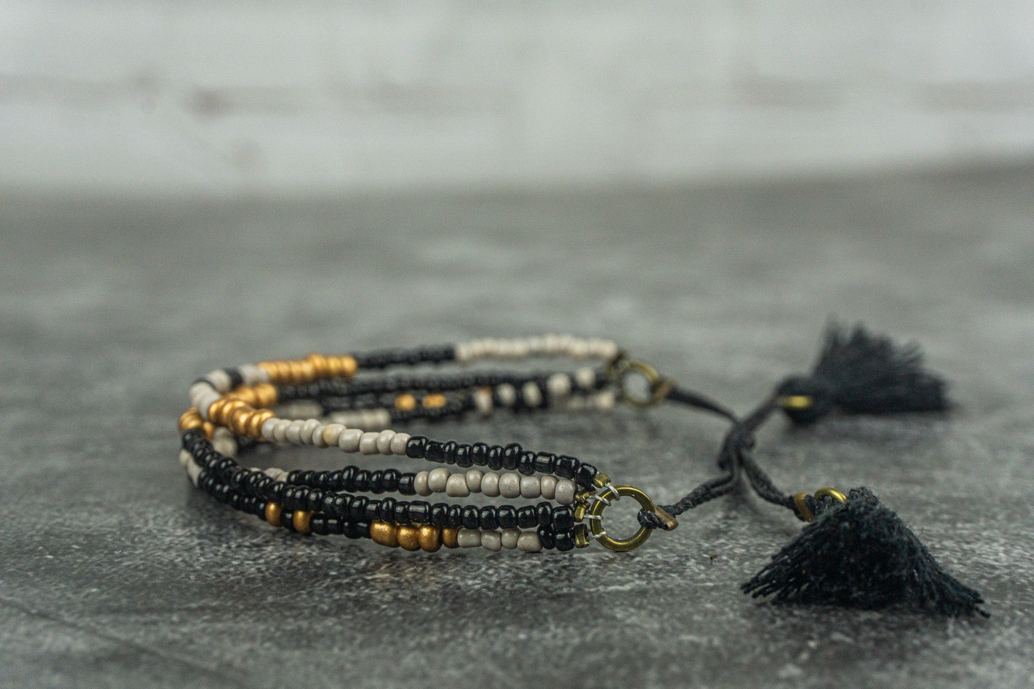 black white and gold multi strand boho chic bracelet- wander jewellery