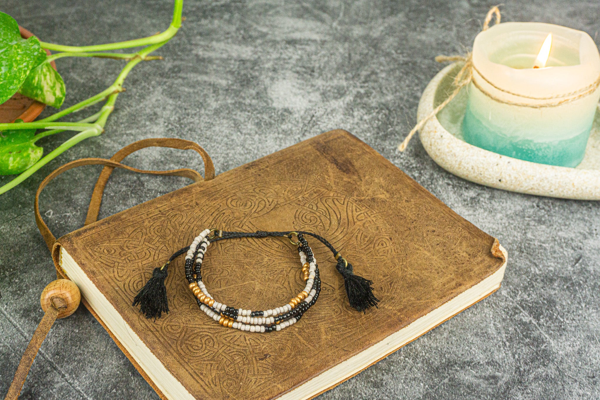 black white and gold beads multi strand adjustable boho chic bracelet- wander jewellery