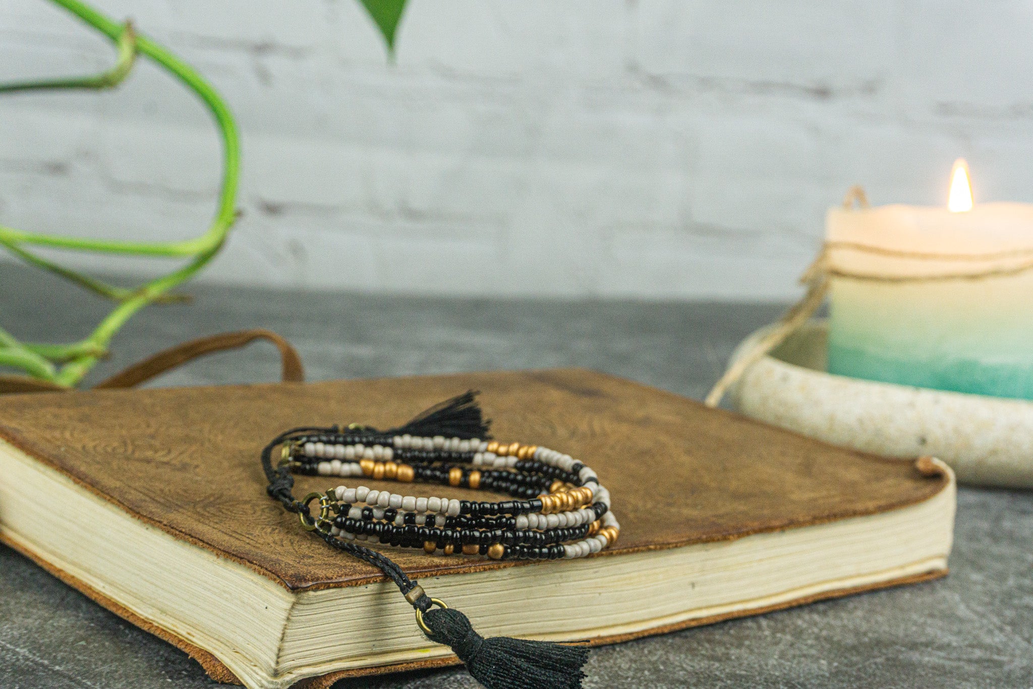 black white and gold beads multi strand adjustable  bracelet- wander jewellery
