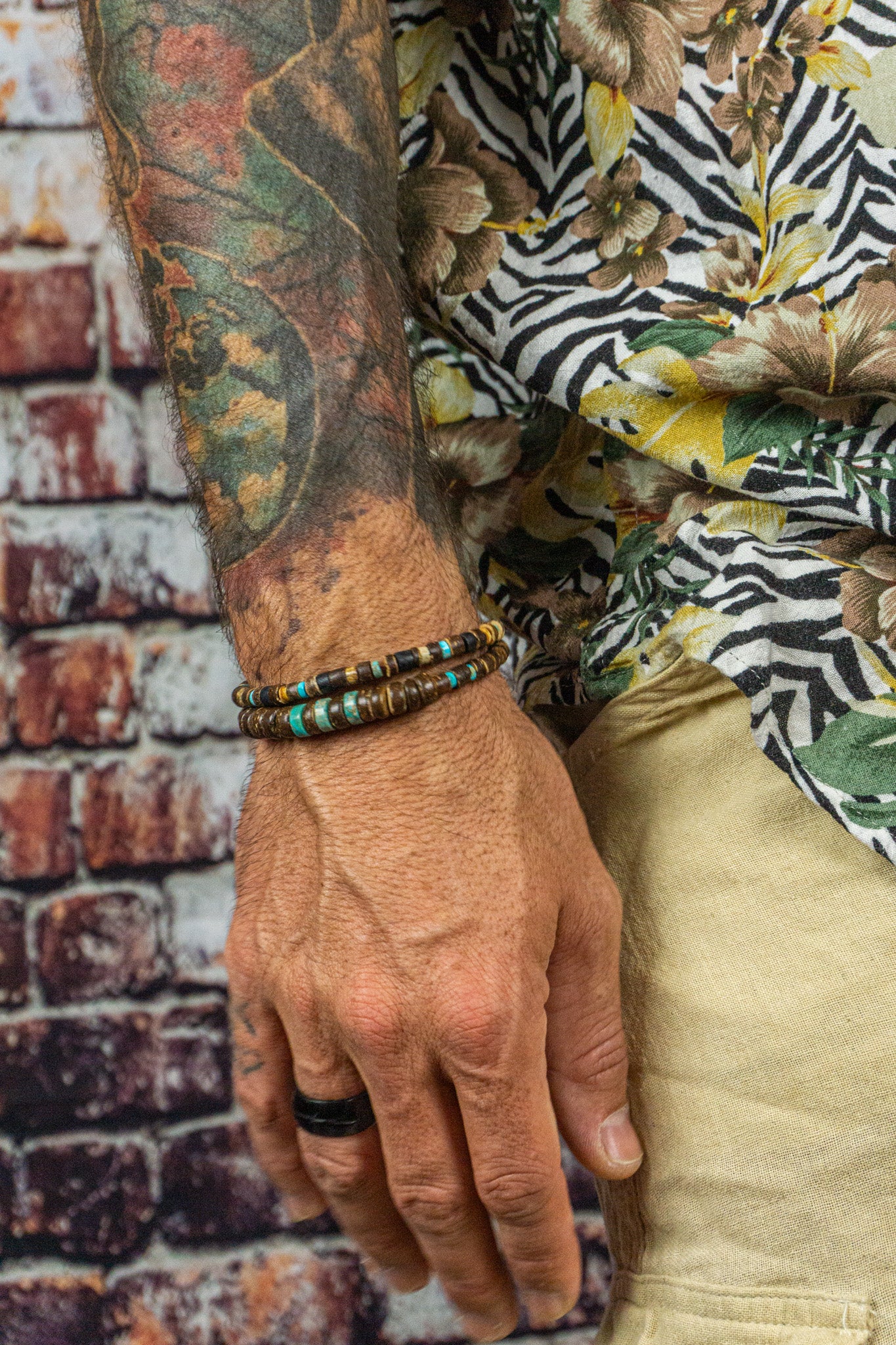 mens coconut and turquoise gemstone beaded bracelet set - wander jewellery