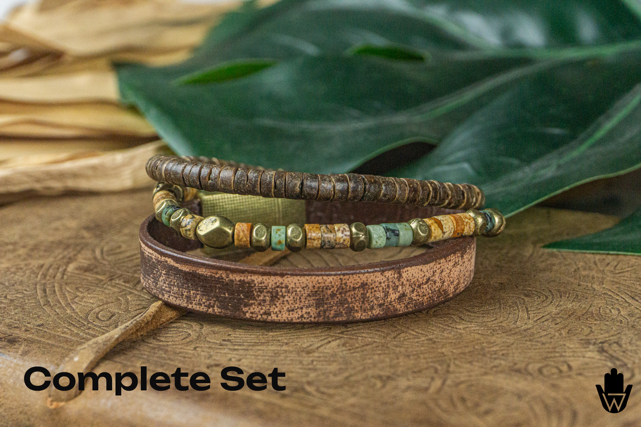 triple bracelet set made of natural jasper, coconut and leather- wander jewellery