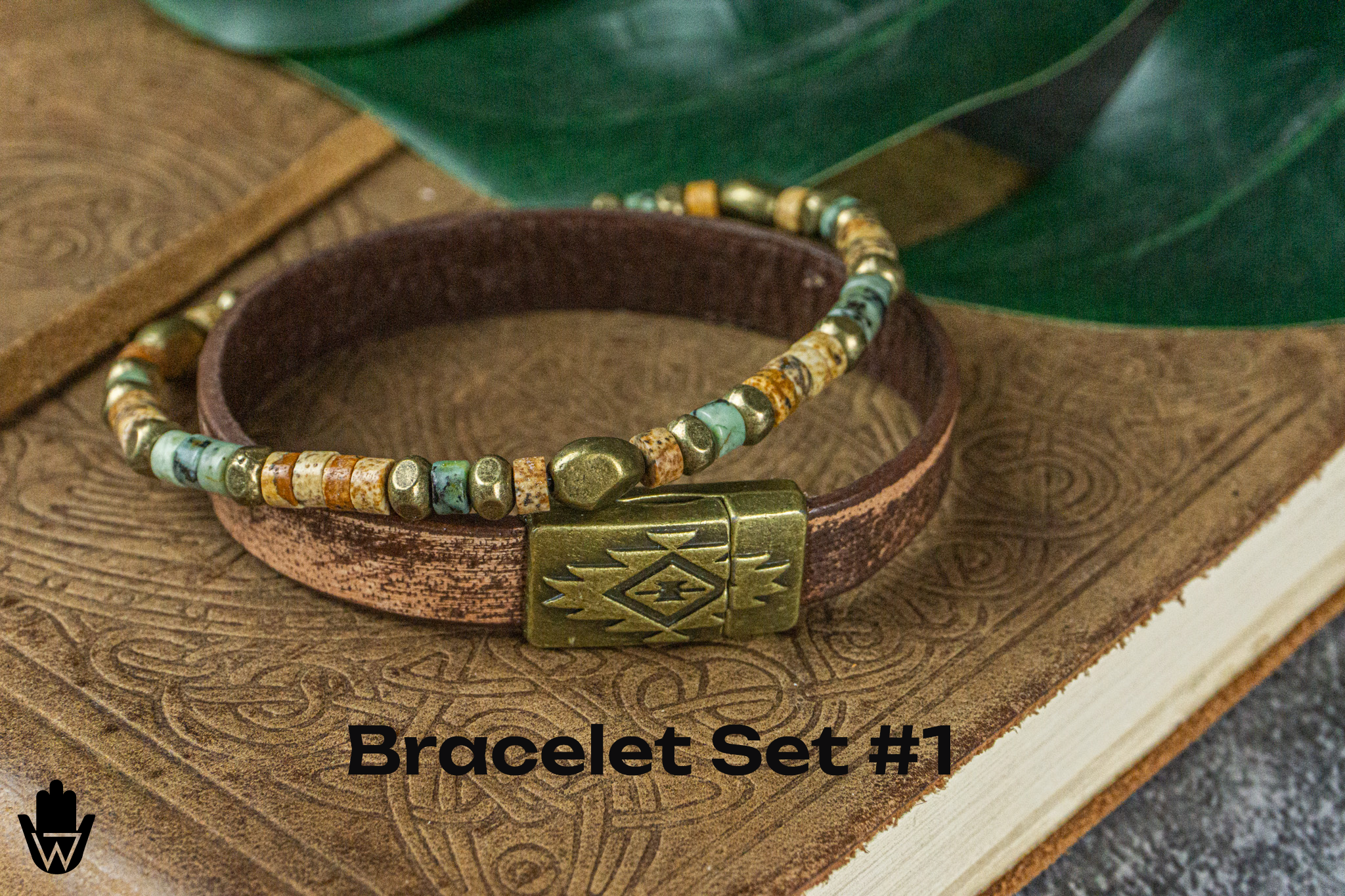 double bracelet set made of natural jasper and leather- wander jewellery
