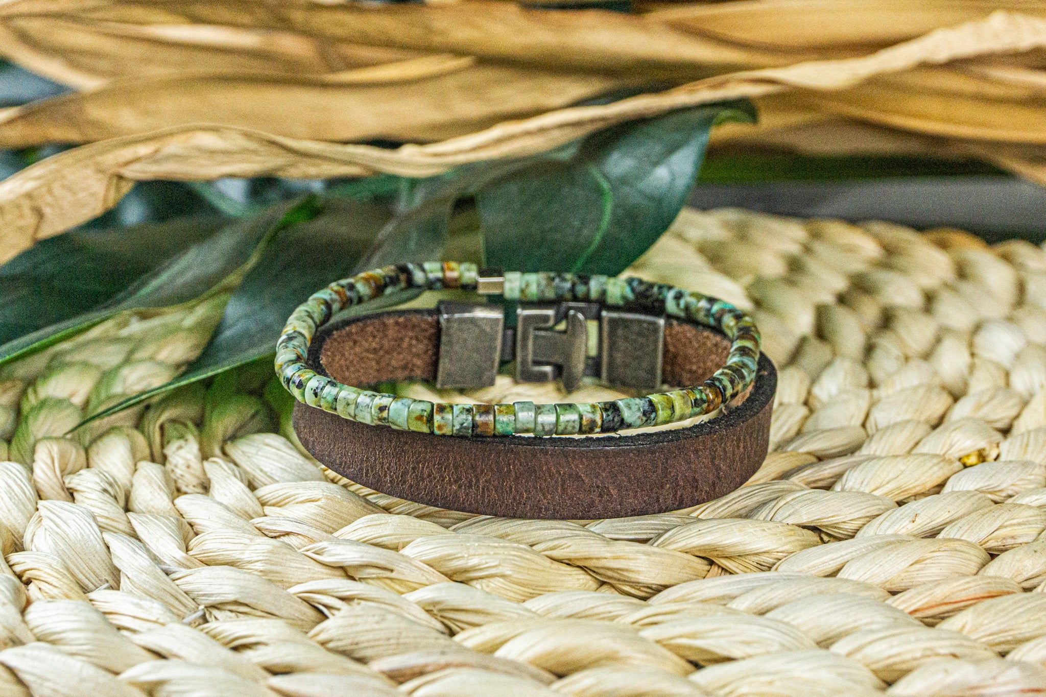 stacking bracelet set made of one african turquose jasper green gemstone beads and a brown vintage leather bracelet- wander jewellery