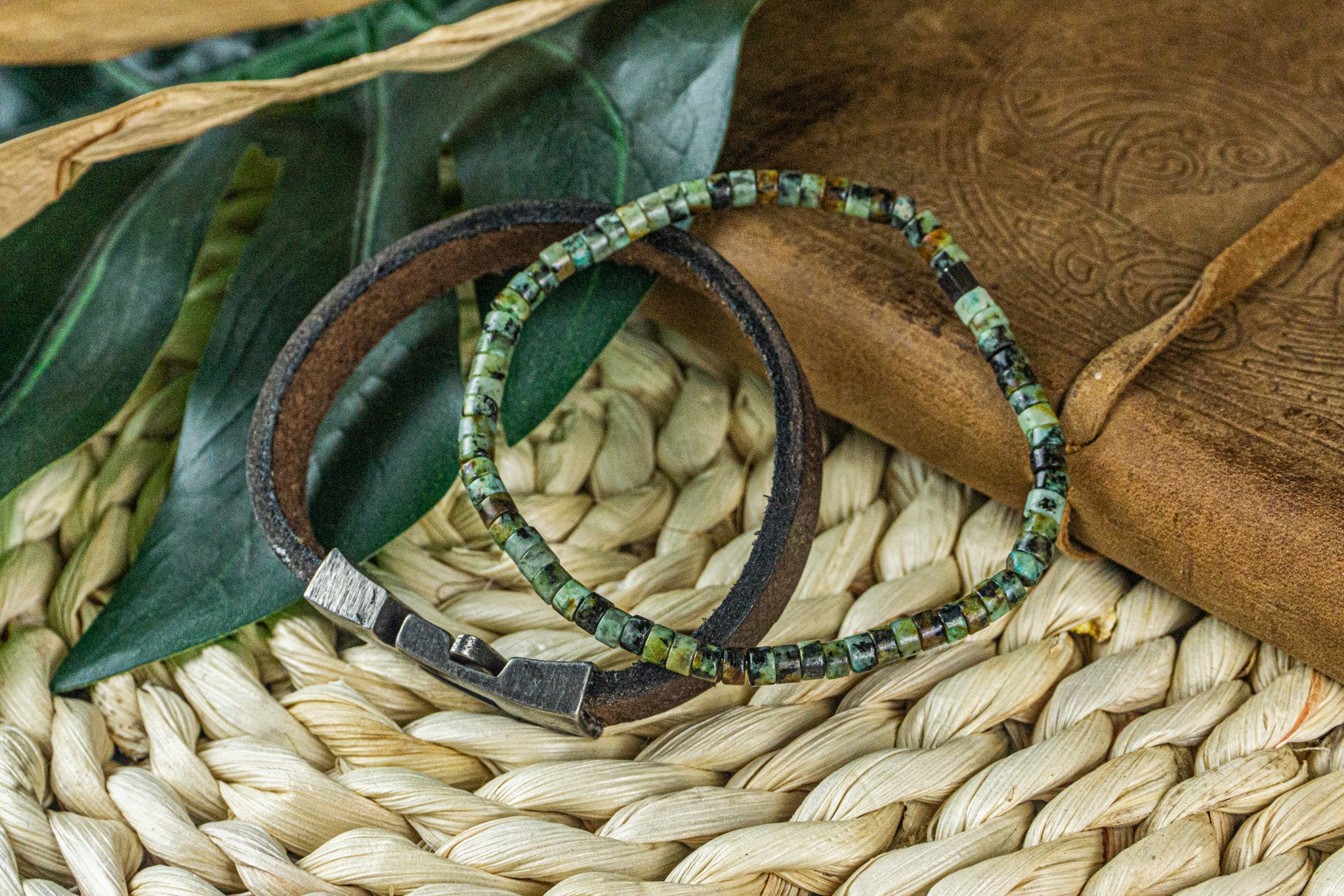 stacking bracelet set made of one african turquose jasper green gemstone beads and a brown leather bracelet- wander jewellery