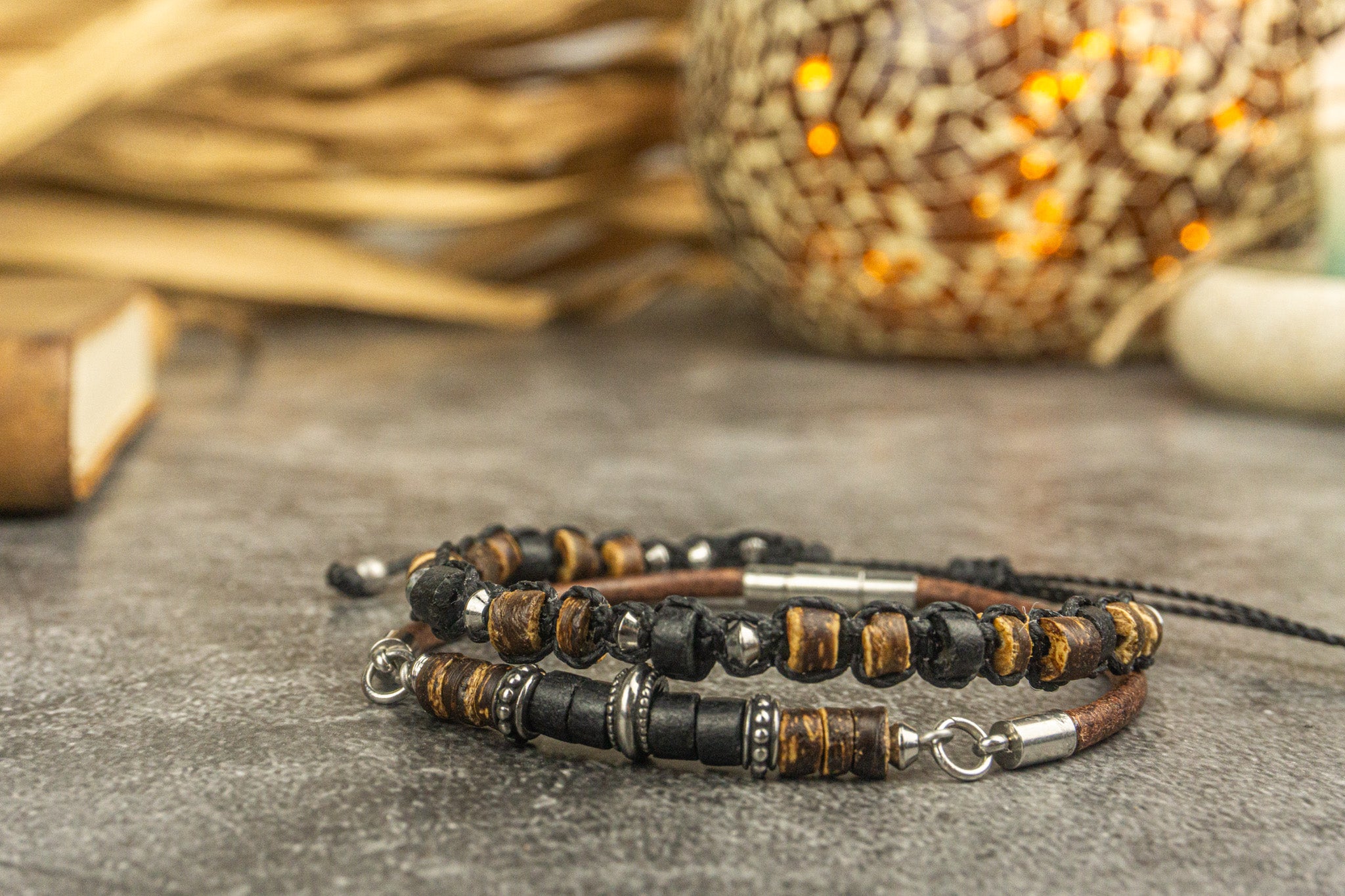 mens double bracelet set made of leather, wood and stainless steel- wander jewellery