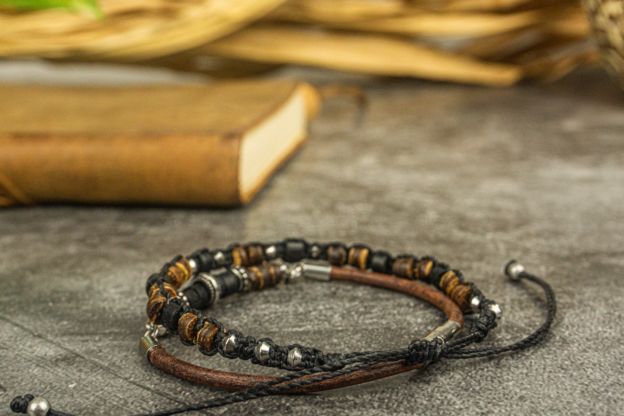 mens boho-urban bracelet set made of leather, wood, stailess steel- wander jewellery