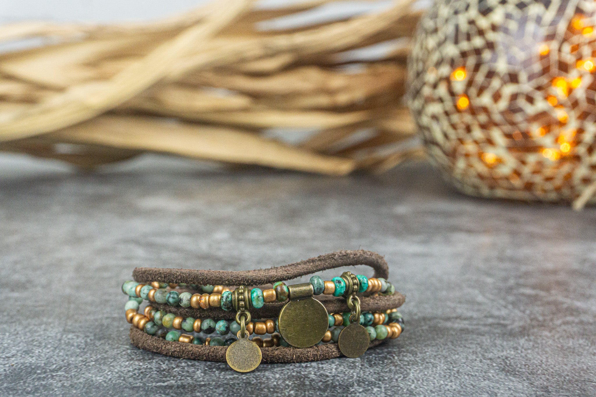 leather and african turquoise gemstone bead wrap bracelet with coin charms- wander jewellery