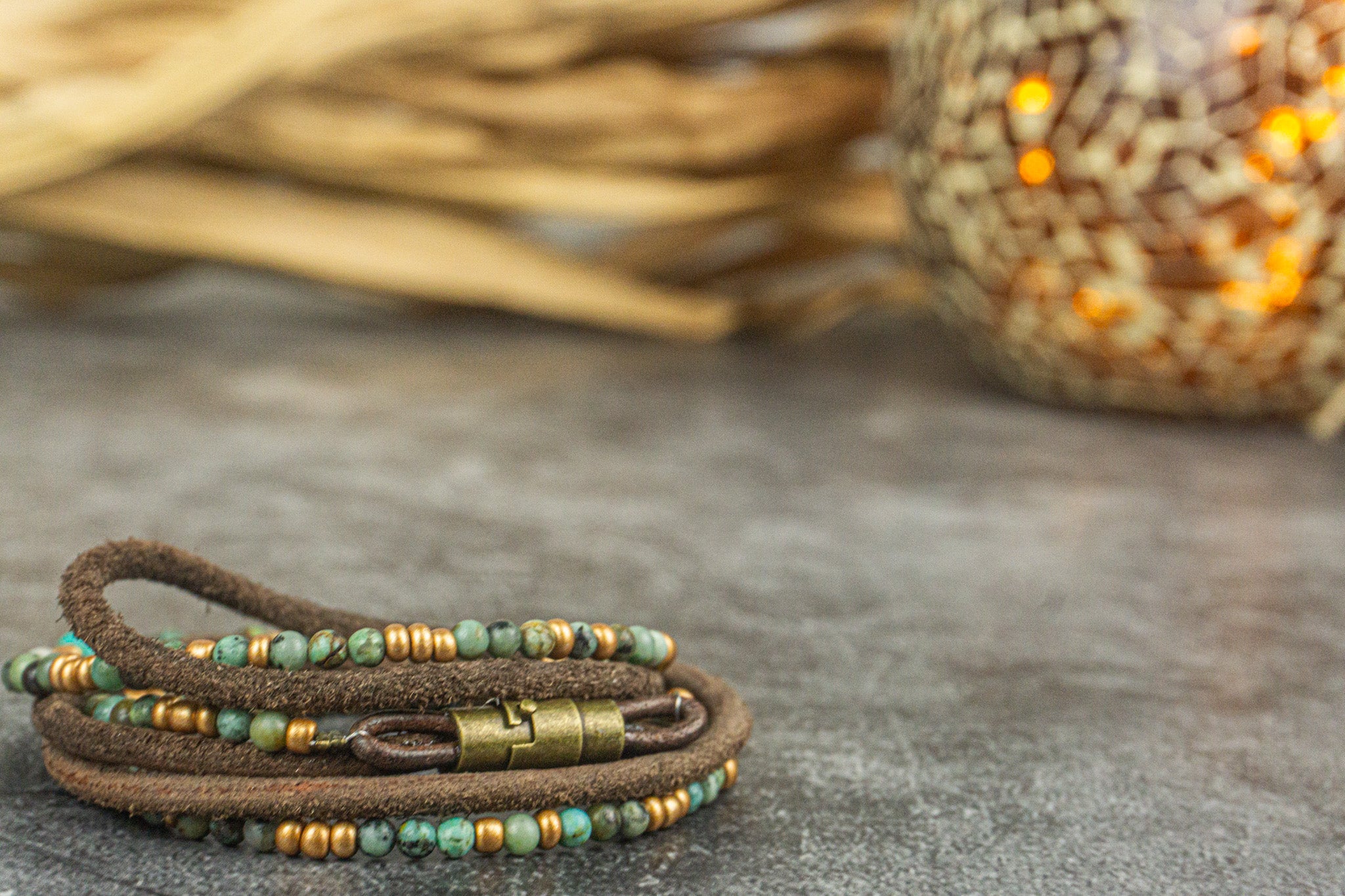 leather and turquoise gemstone bead wrap bracelet with coin charms- wander jewellery