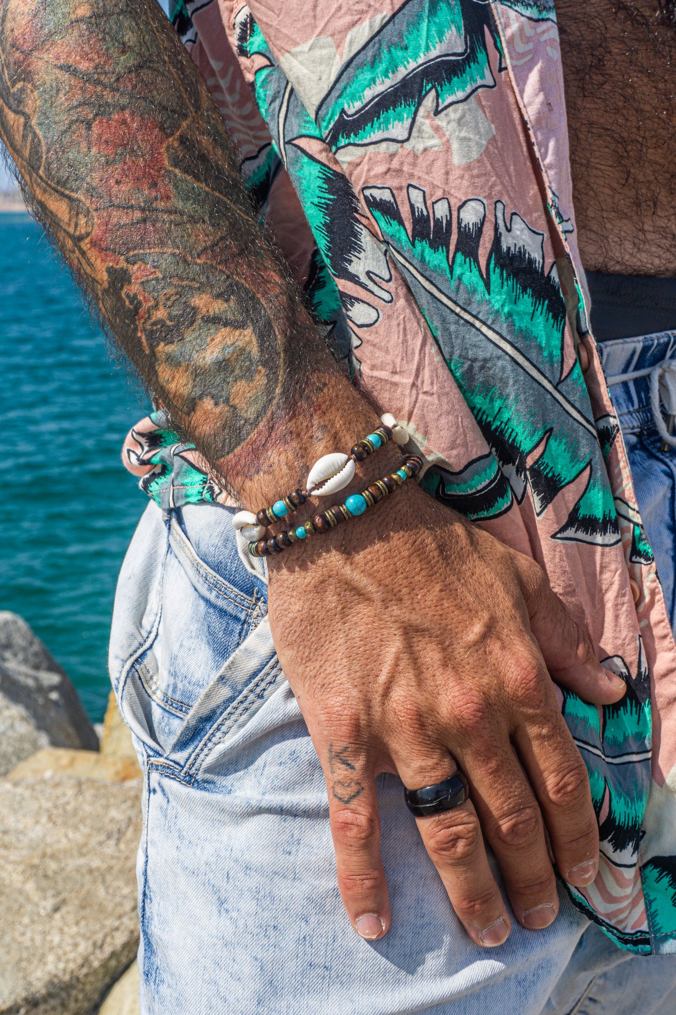 mens bracelet set made of wooden beads, turquoise gemstones, cowrie shells and brass details- wander jewellery