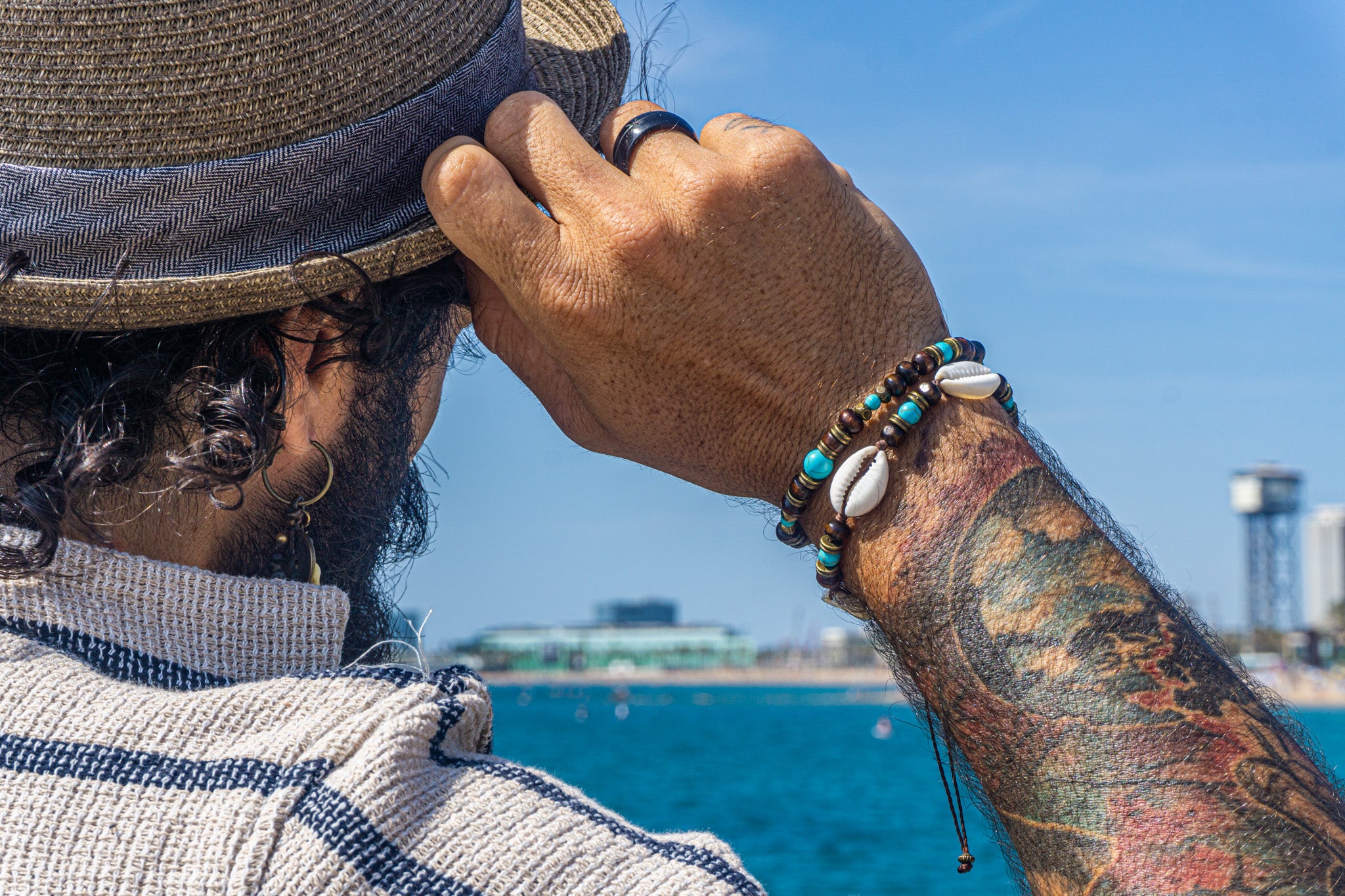 mens bracelet set made of wood, turquoise gemstones, cowrie shells and brass details- wander jewellery