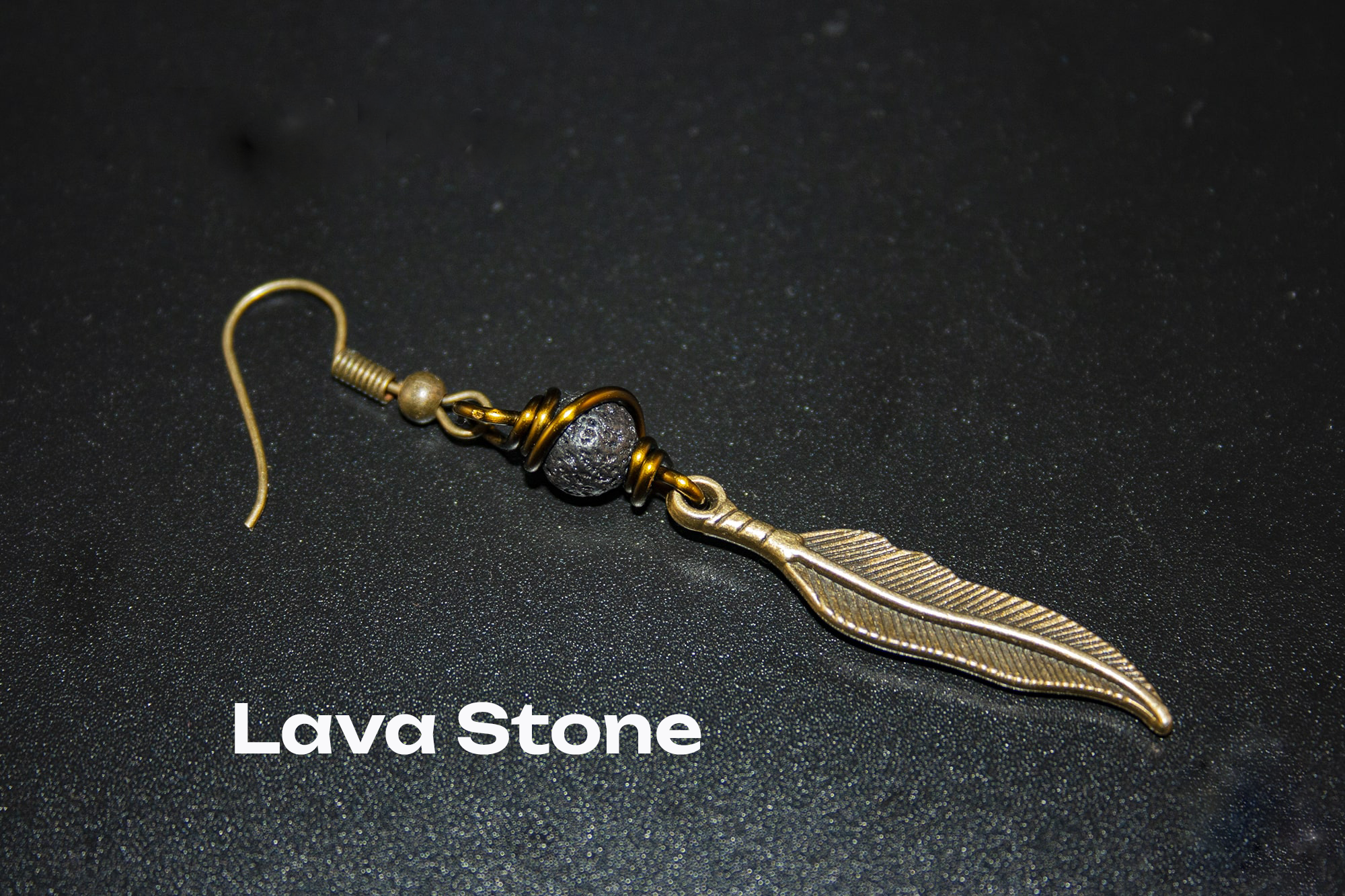 bronze dangle feather earring with lava stone- wander jewellery
