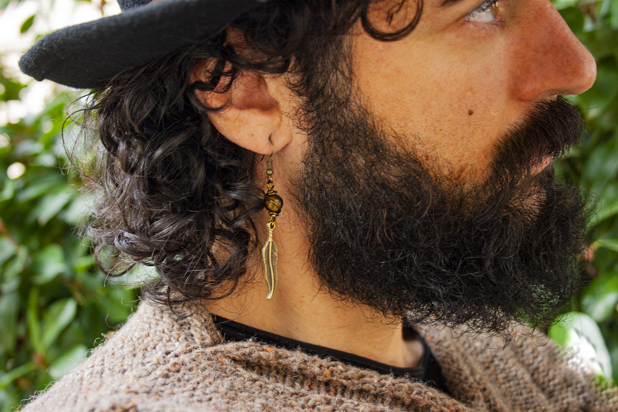 mens bronze dangle feather earring with tiger eye gemstone- wander jewellery