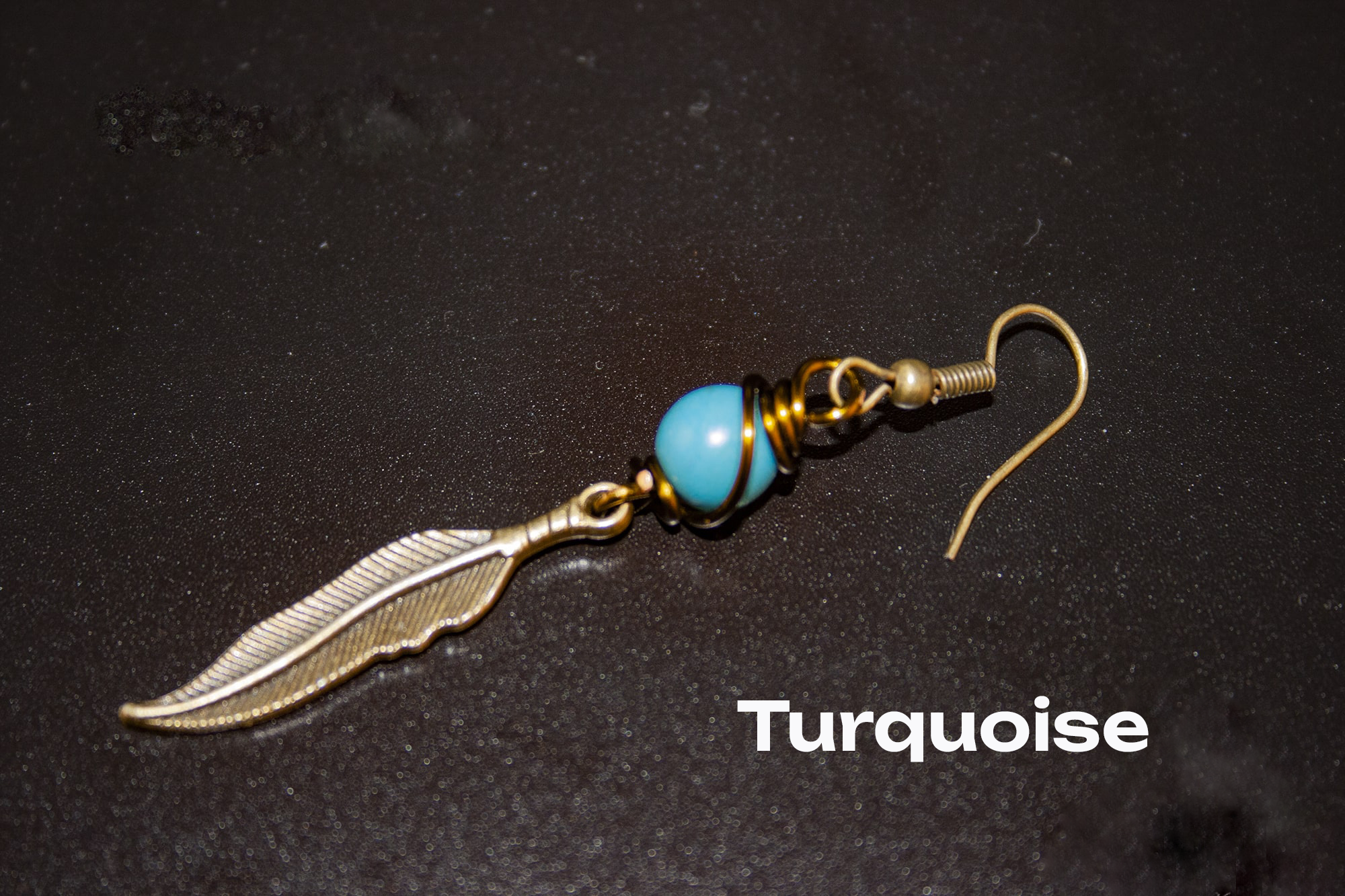 bronze dangle feather earring with turquoise gemstone- wander jewellery