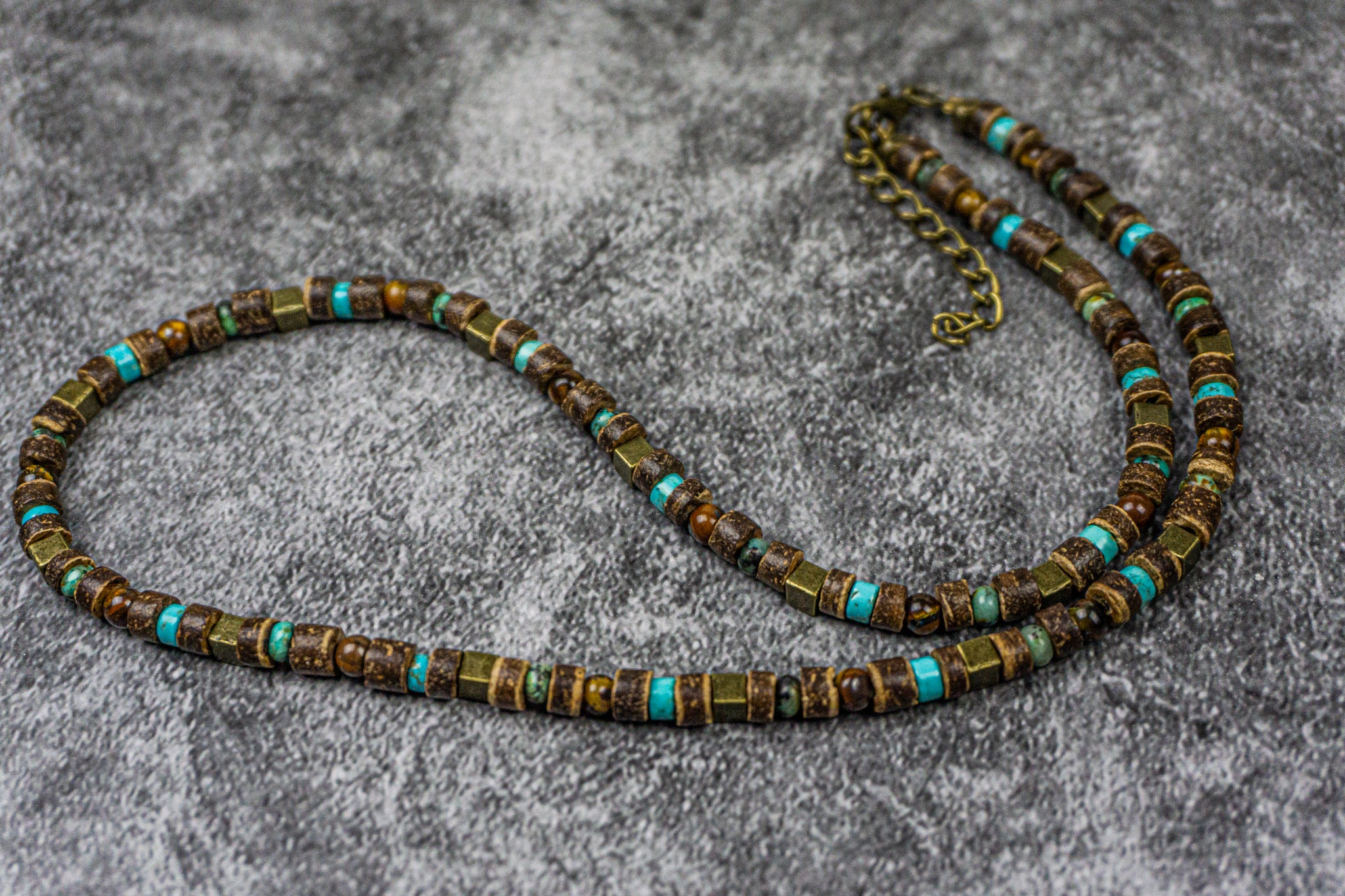 brown coconut and turquoise jasper, tiger eye gemstones beaded choker necklace- wander jewellery