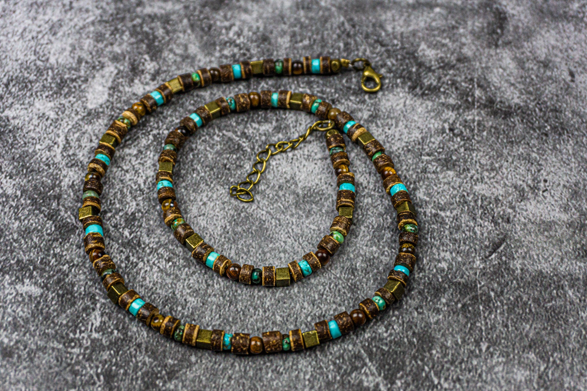 mens coconut and jasper, tiger eye gemstones beaded choker necklace- wander jewellery