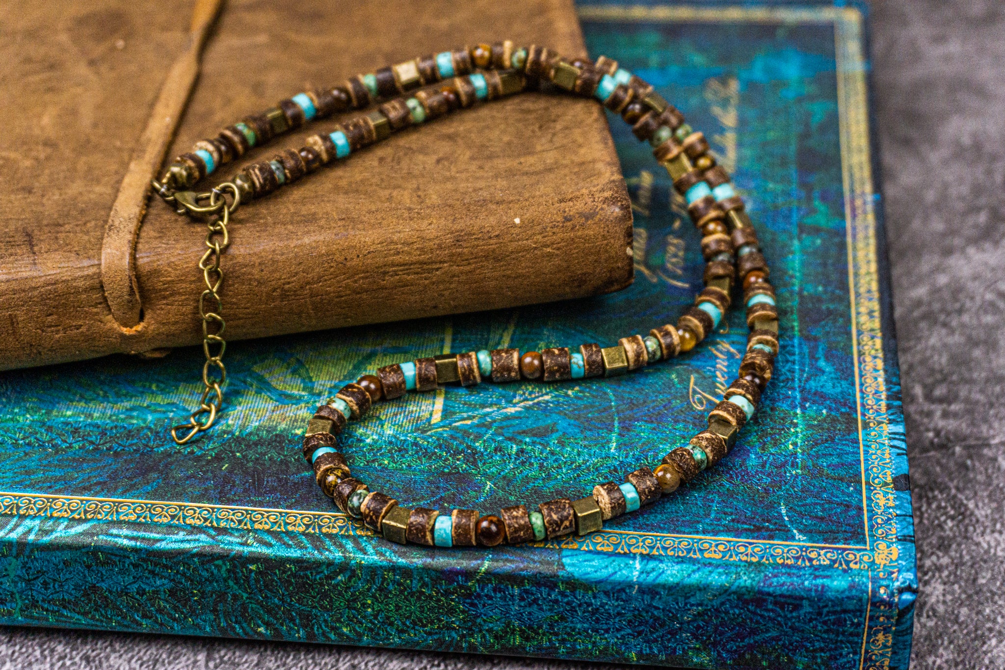 coconut and turquoise jasper, tiger eye gemstones beaded choker necklace- wander jewellery