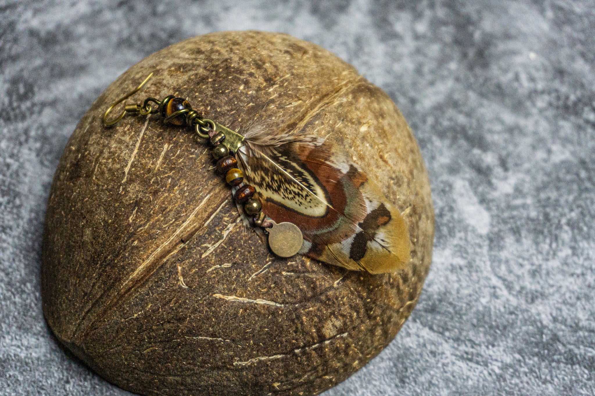 feather earring with dangle wood and tiger eye charm- wander jewellery