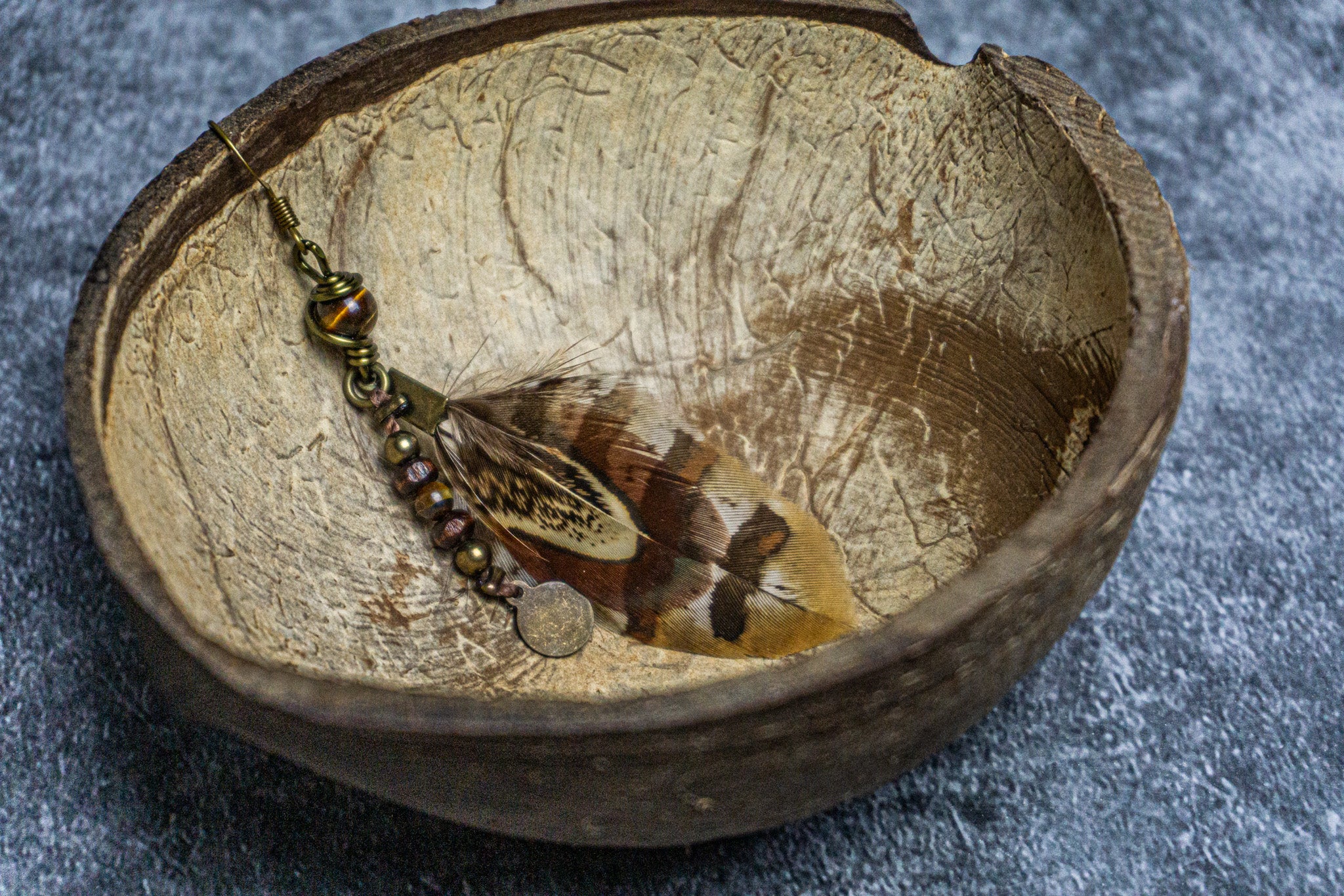 feather earring with wood and tiger eye gemstone- wander jewellery