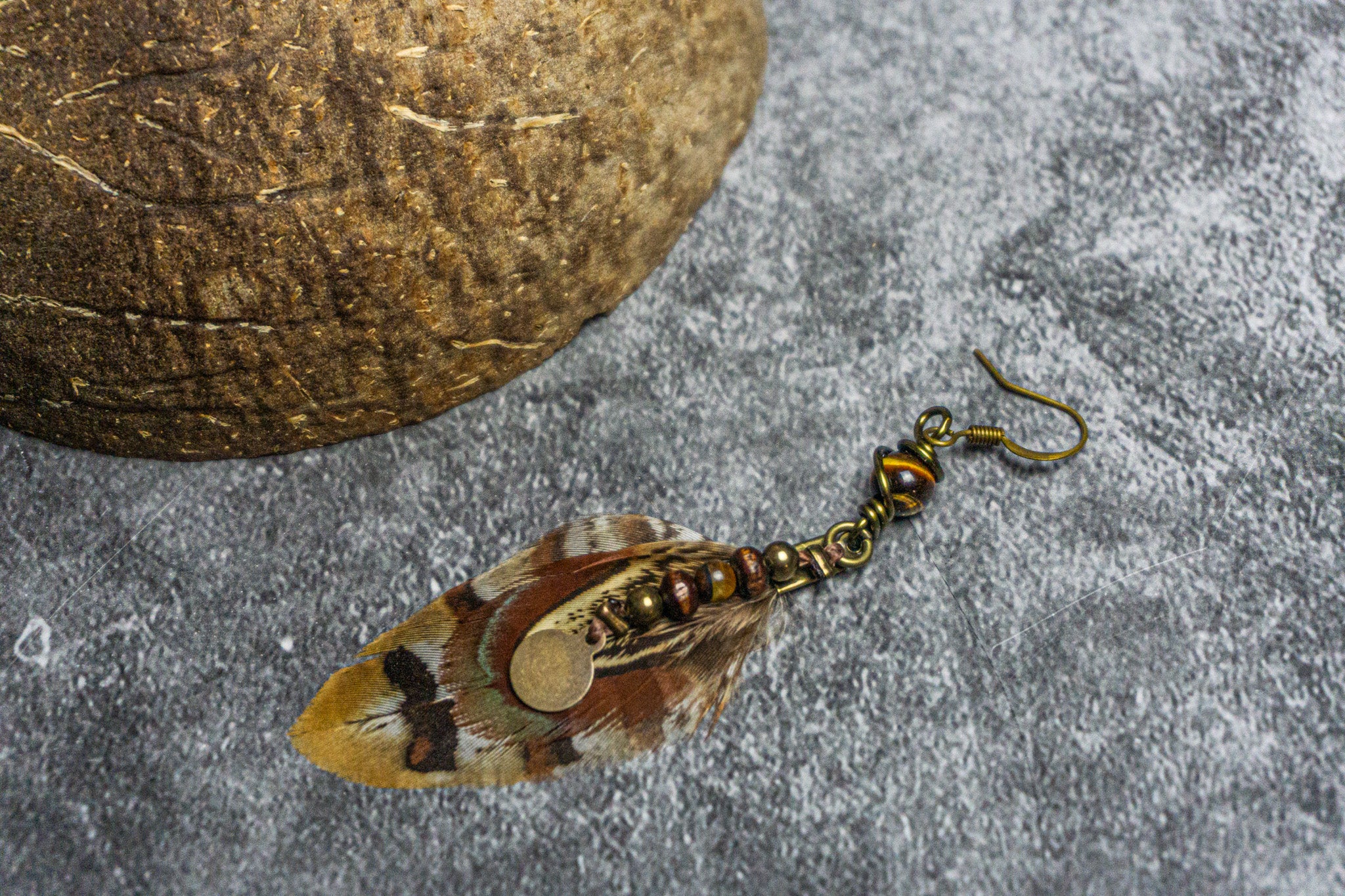 brown dangle feather earring with dangle wood and tiger eye - wander jewellery