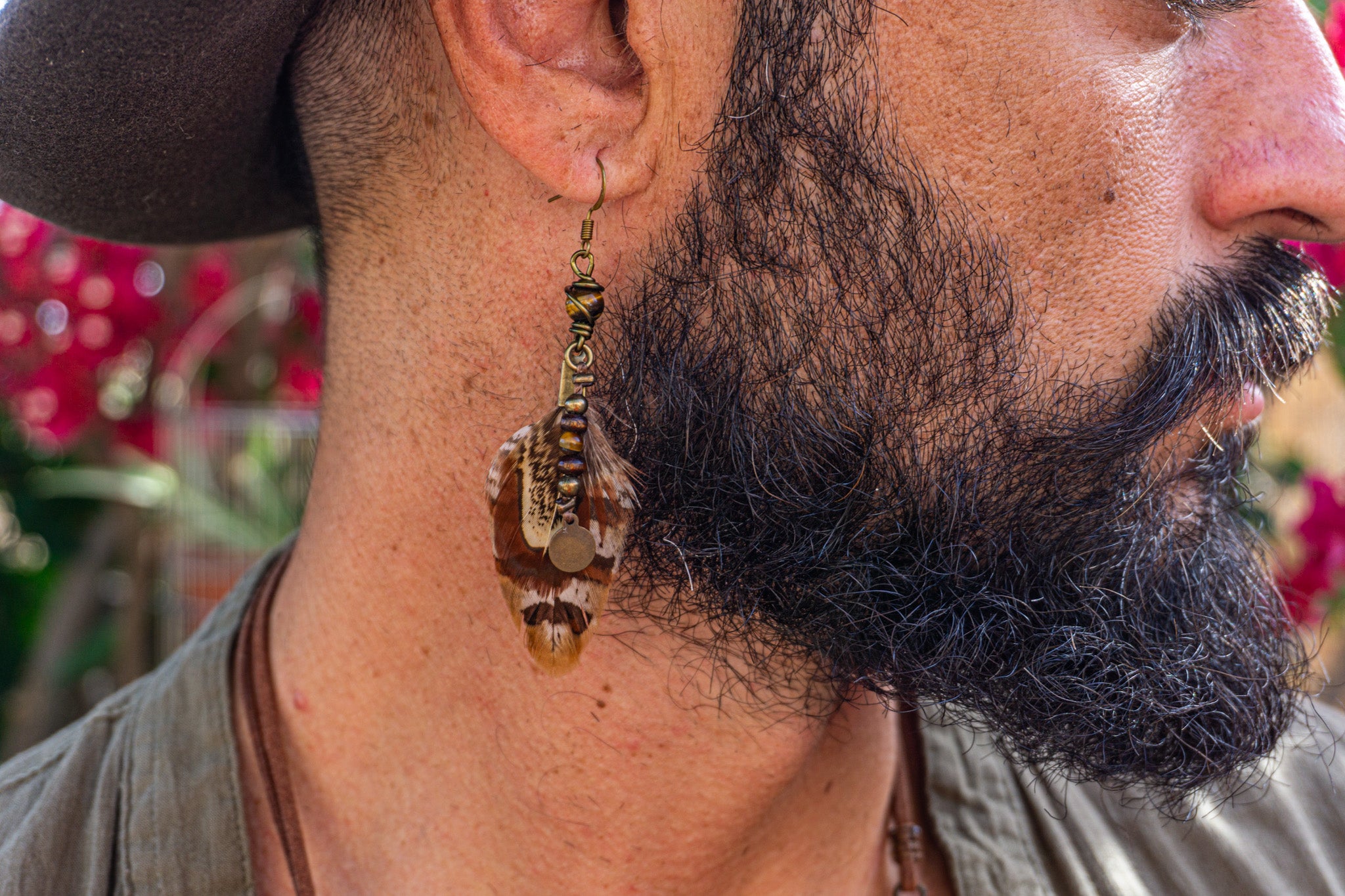 mens feather earring with dangle wood and tiger eye gemstone- wander jewellery