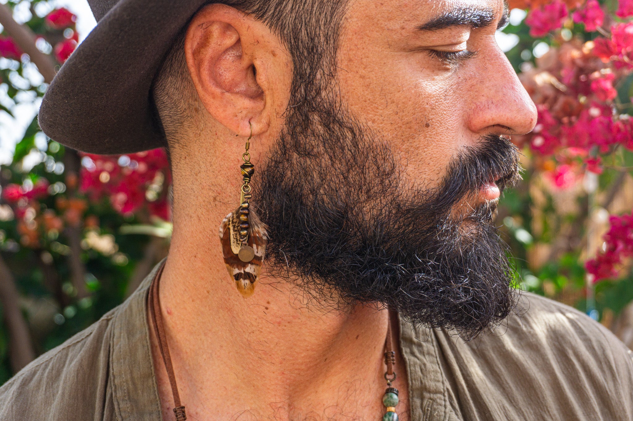 mens dangle feather earring with wood and tiger eye charm- wander jewellery