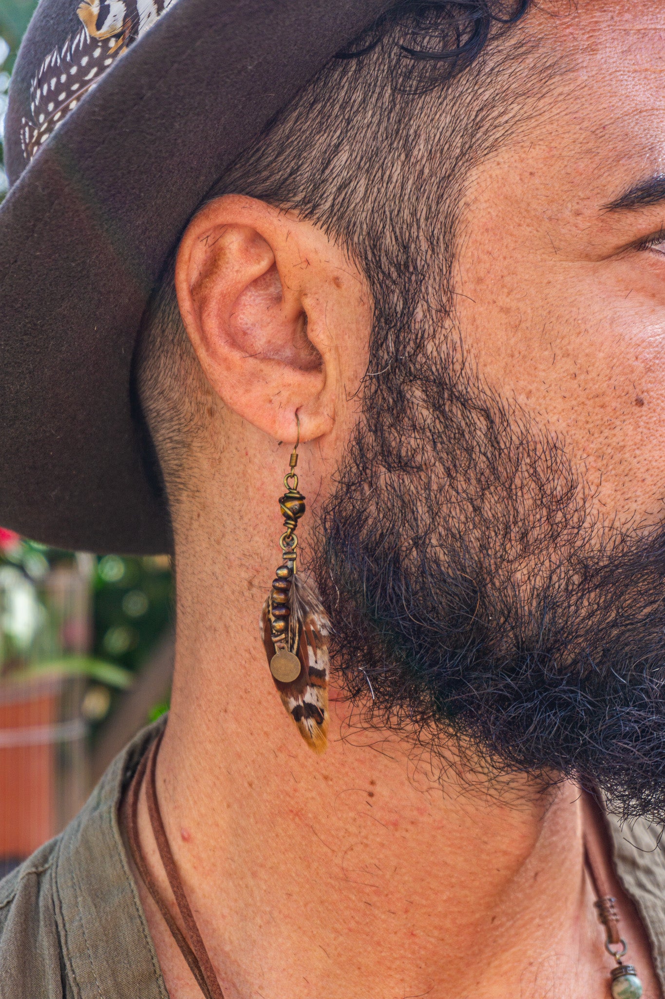 mens feather earring with dangle wood and tiger eye charm- wander jewellery