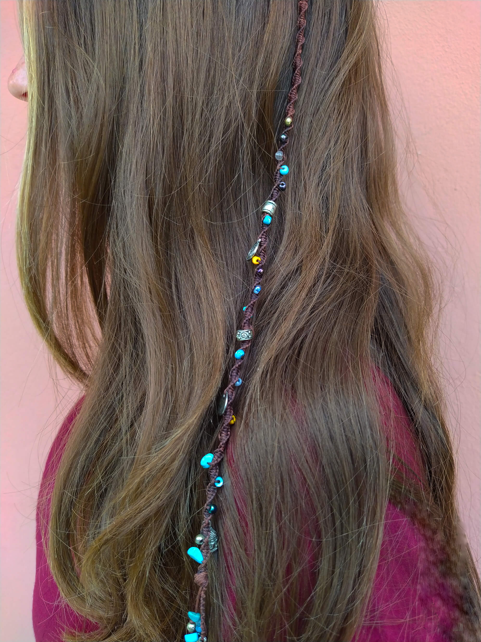 womens boho brown hairwrap with colorful beads and charms- wander jewellery