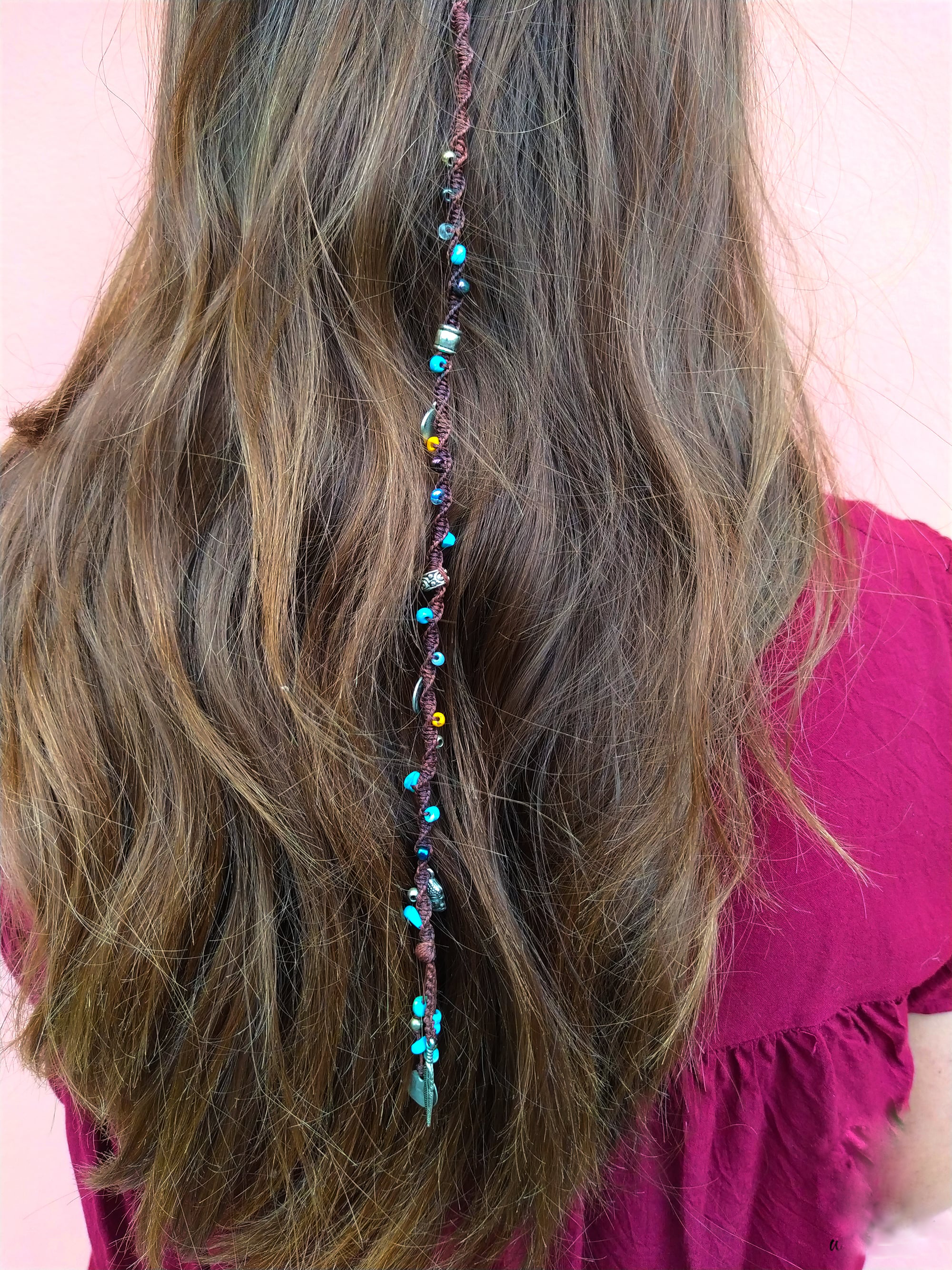 womens boho brown hairwrap with colorful beads and silver charms- wander jewellery