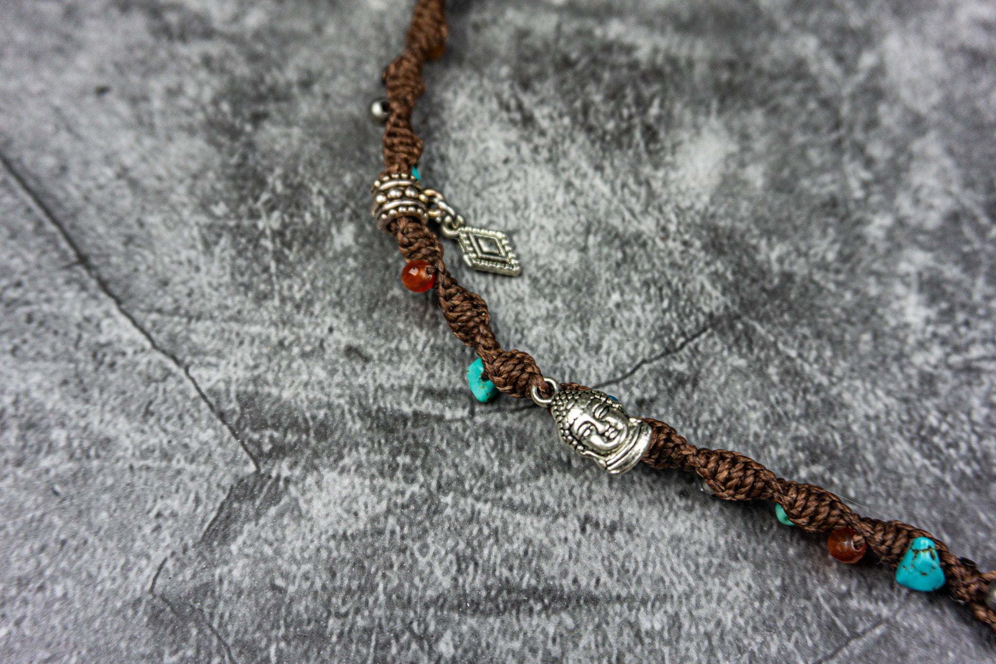 brown handwoven macrame hairwrap extension with beads and charms- wander jewellery