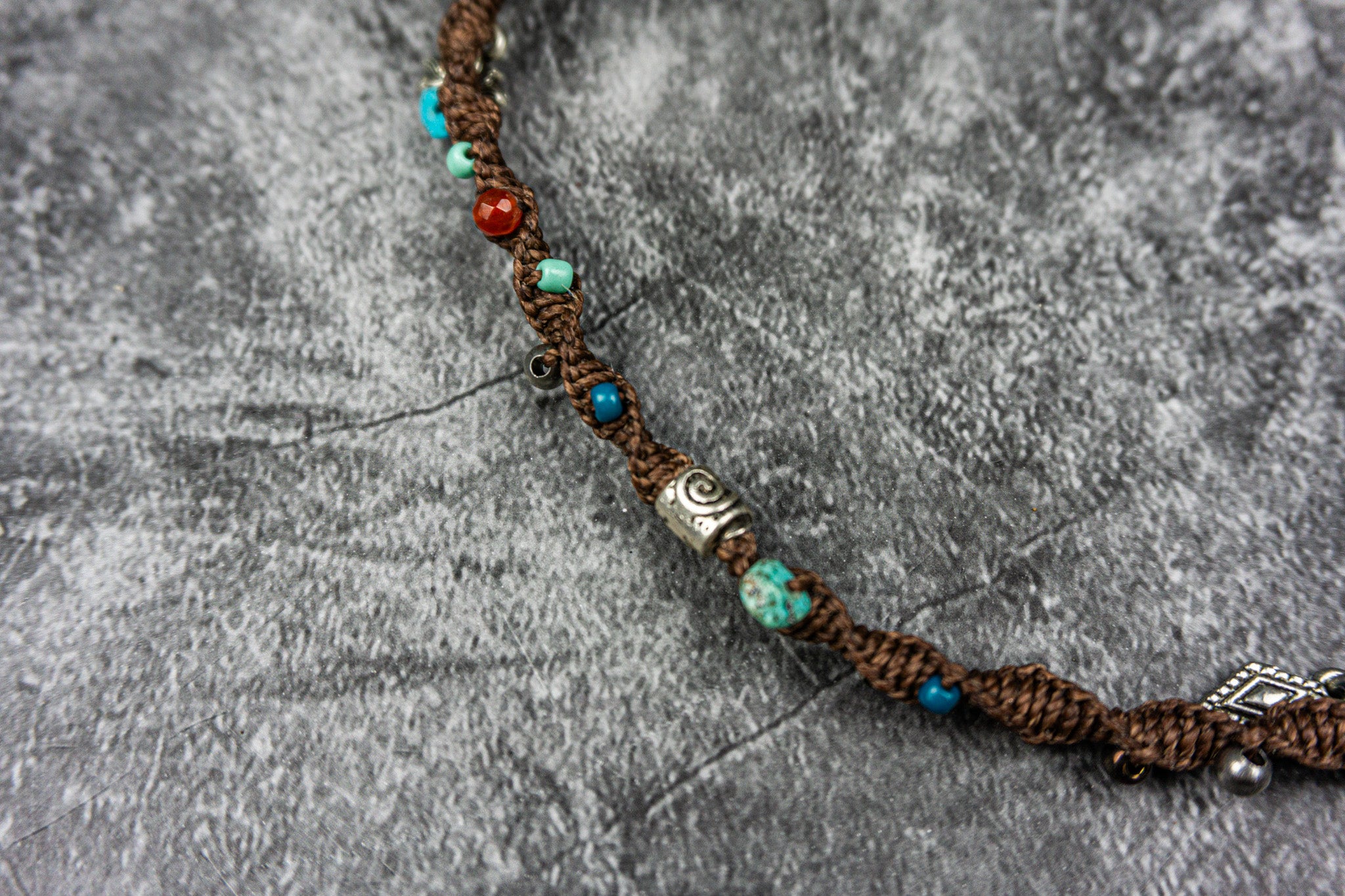 brown handwoven macrame hairwrap extension with beads and stones - wander jewellery