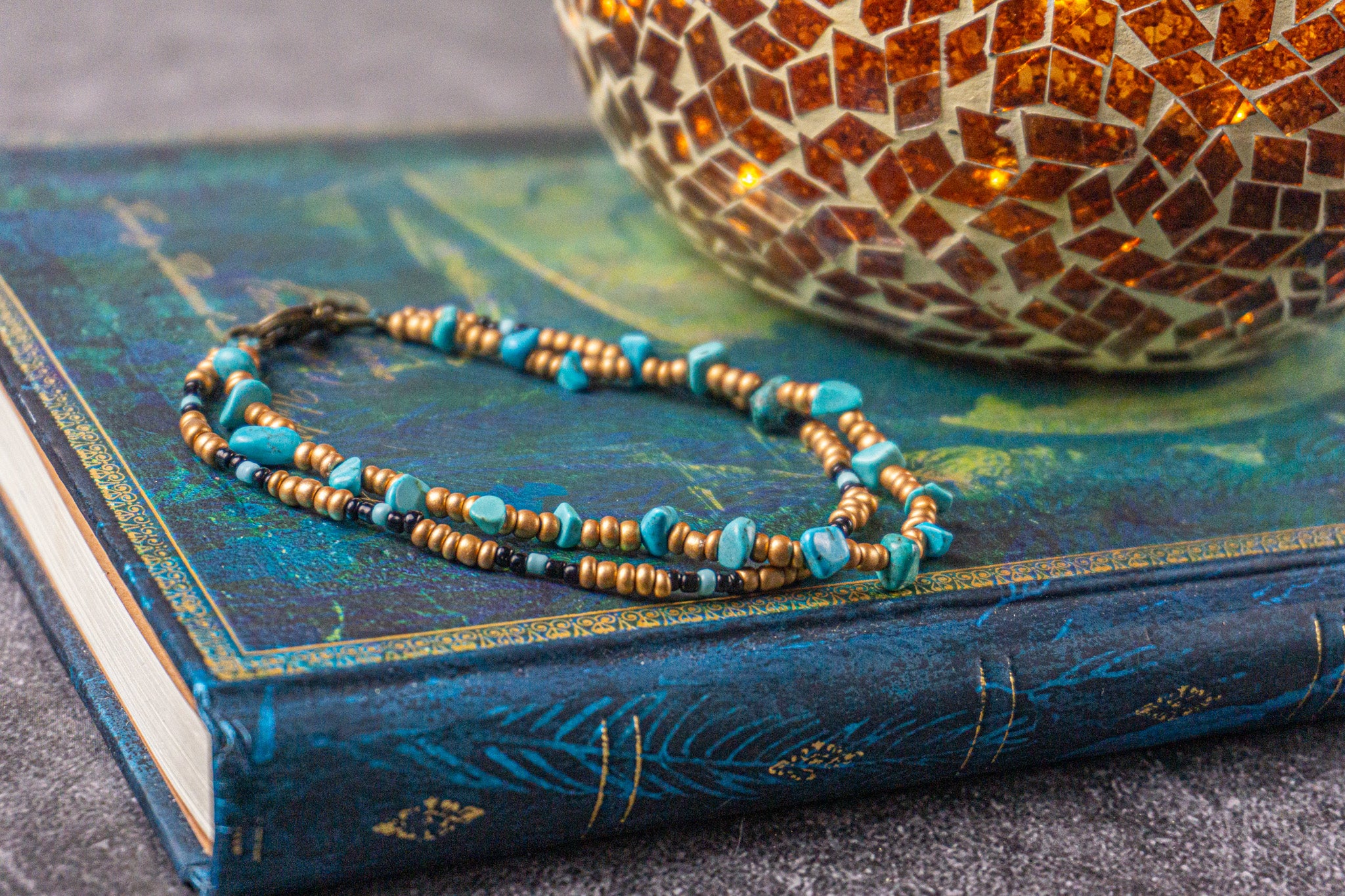  boho chic golden beads and turquoise stones layered wrap anklet - wander jewellery