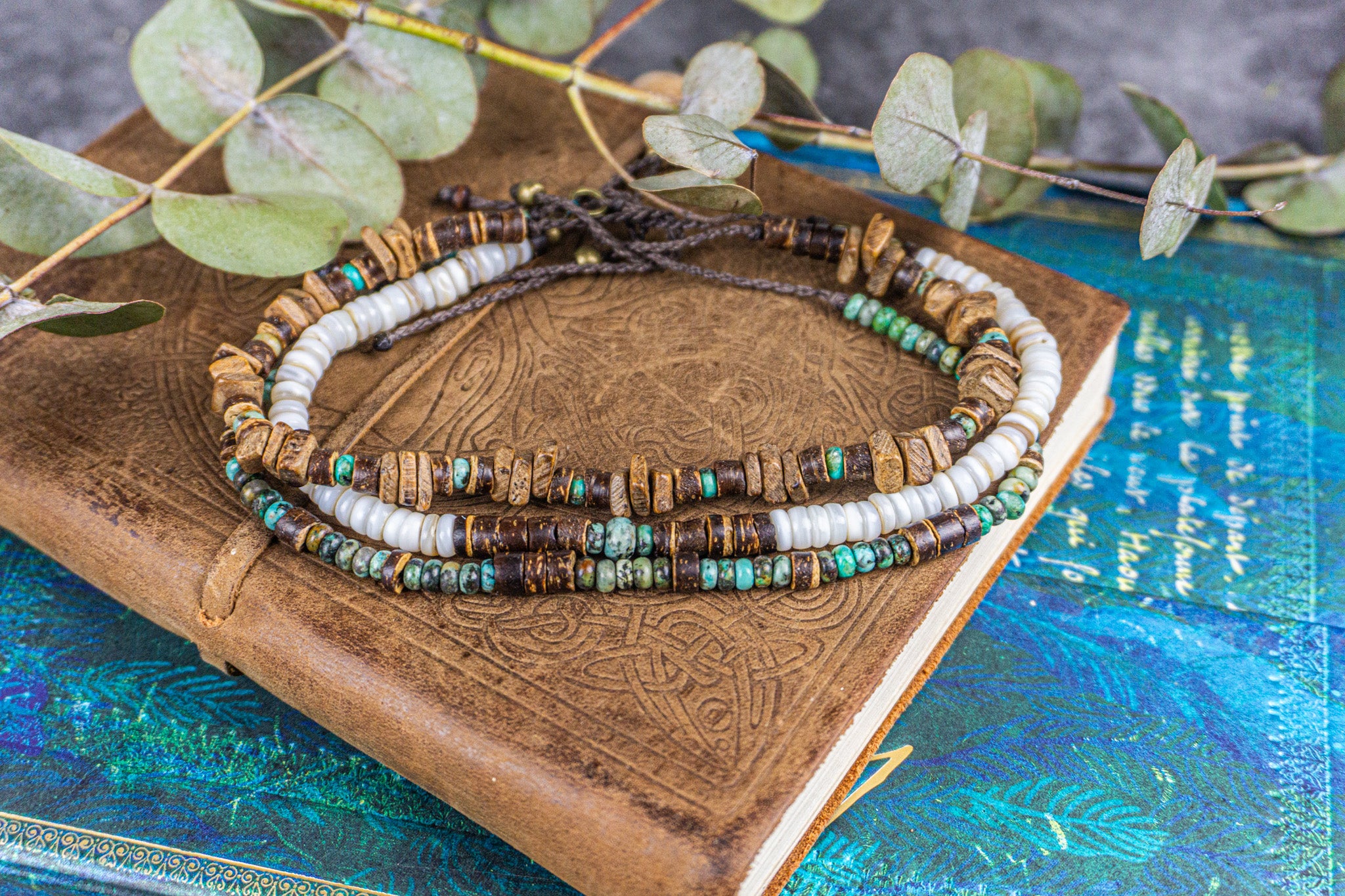 triple unisex anklet set made of seasheels, coconut and african turquoise jasper gemstone beads- wander jewellery