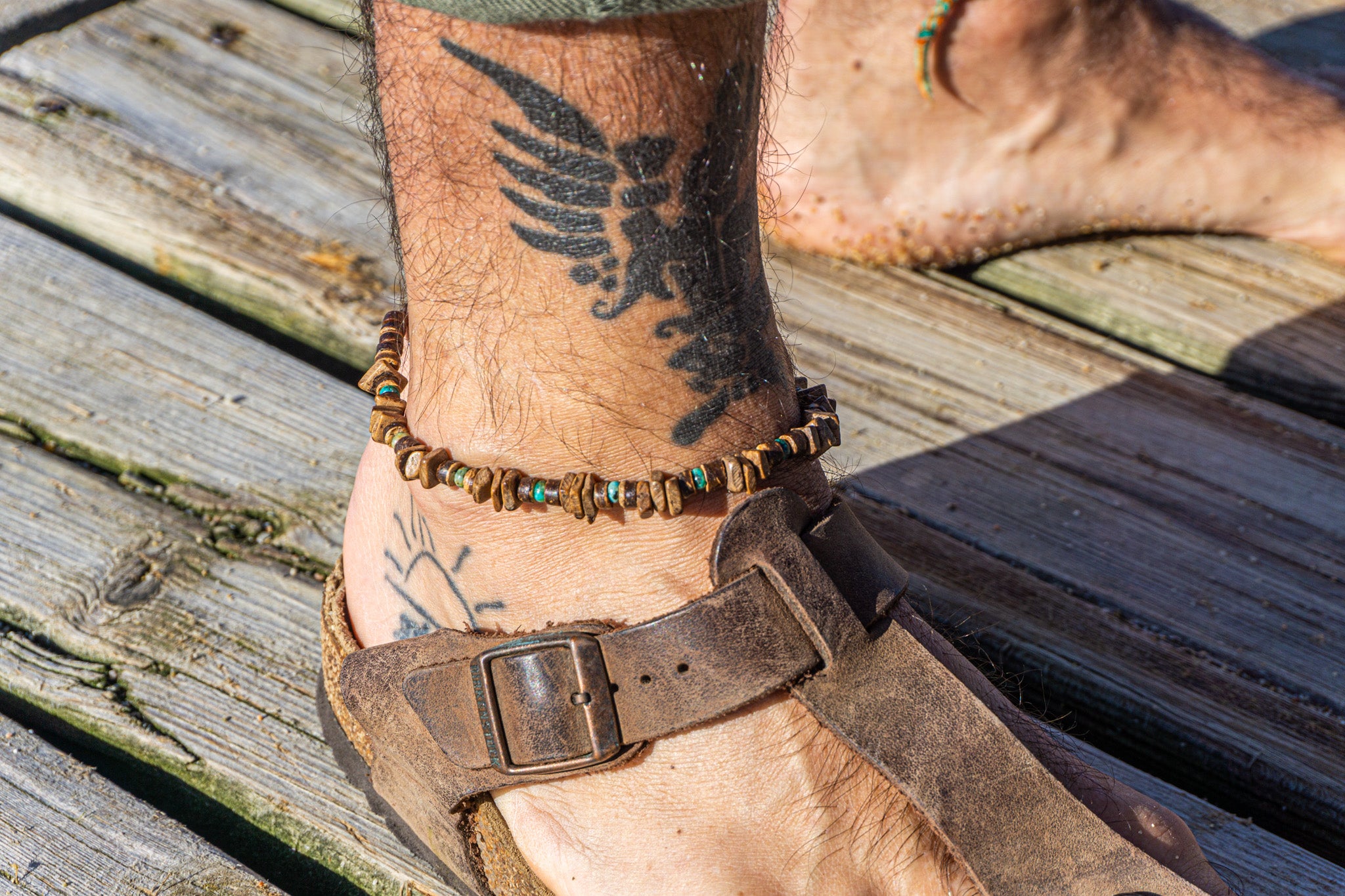 mens adjustable surfer anklet made of coconut shell and green jasper gemstone beads - wander jewellery