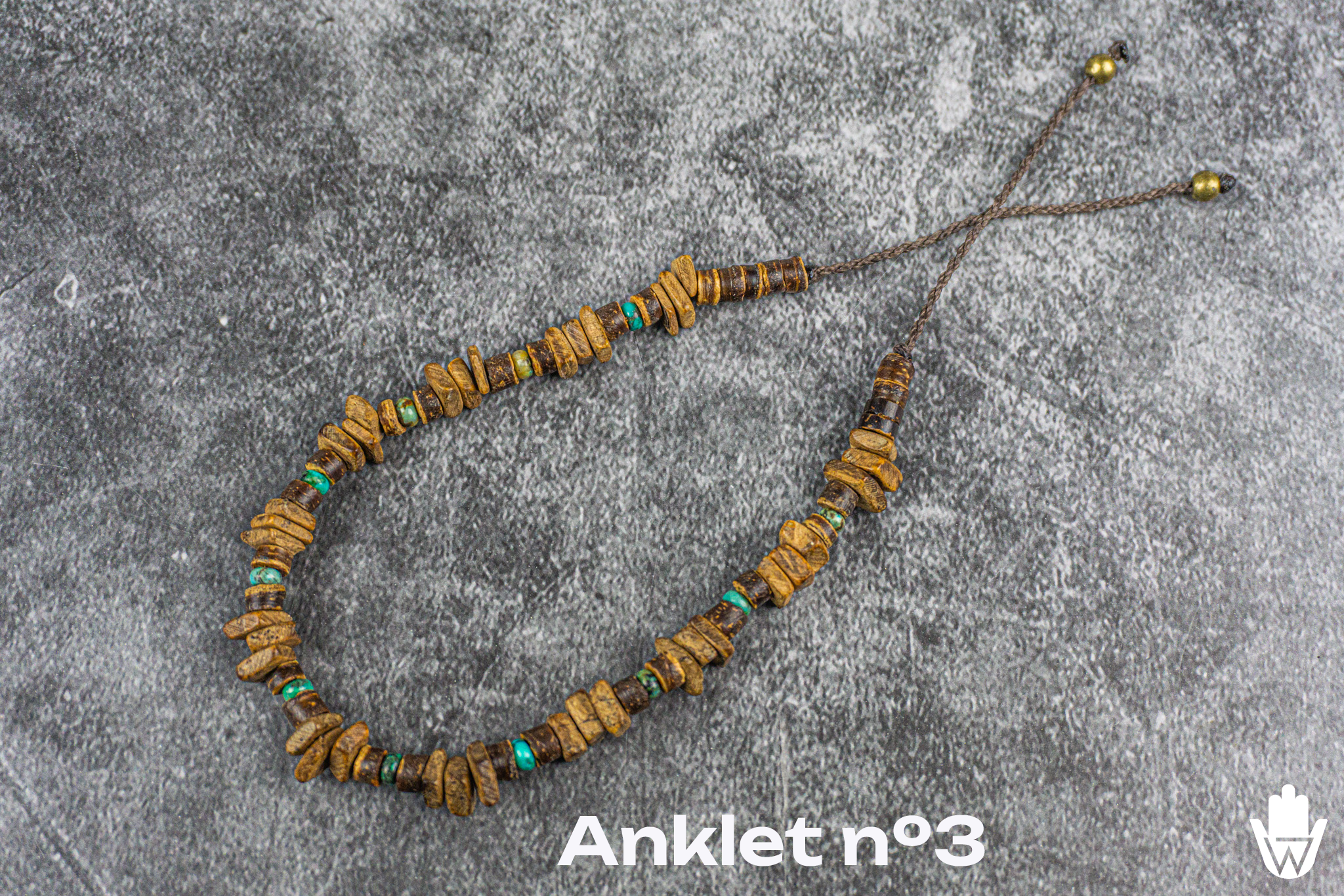 adjustable surfer anklet made of coconut shell and green jasper gemstone beads - wander jewellery