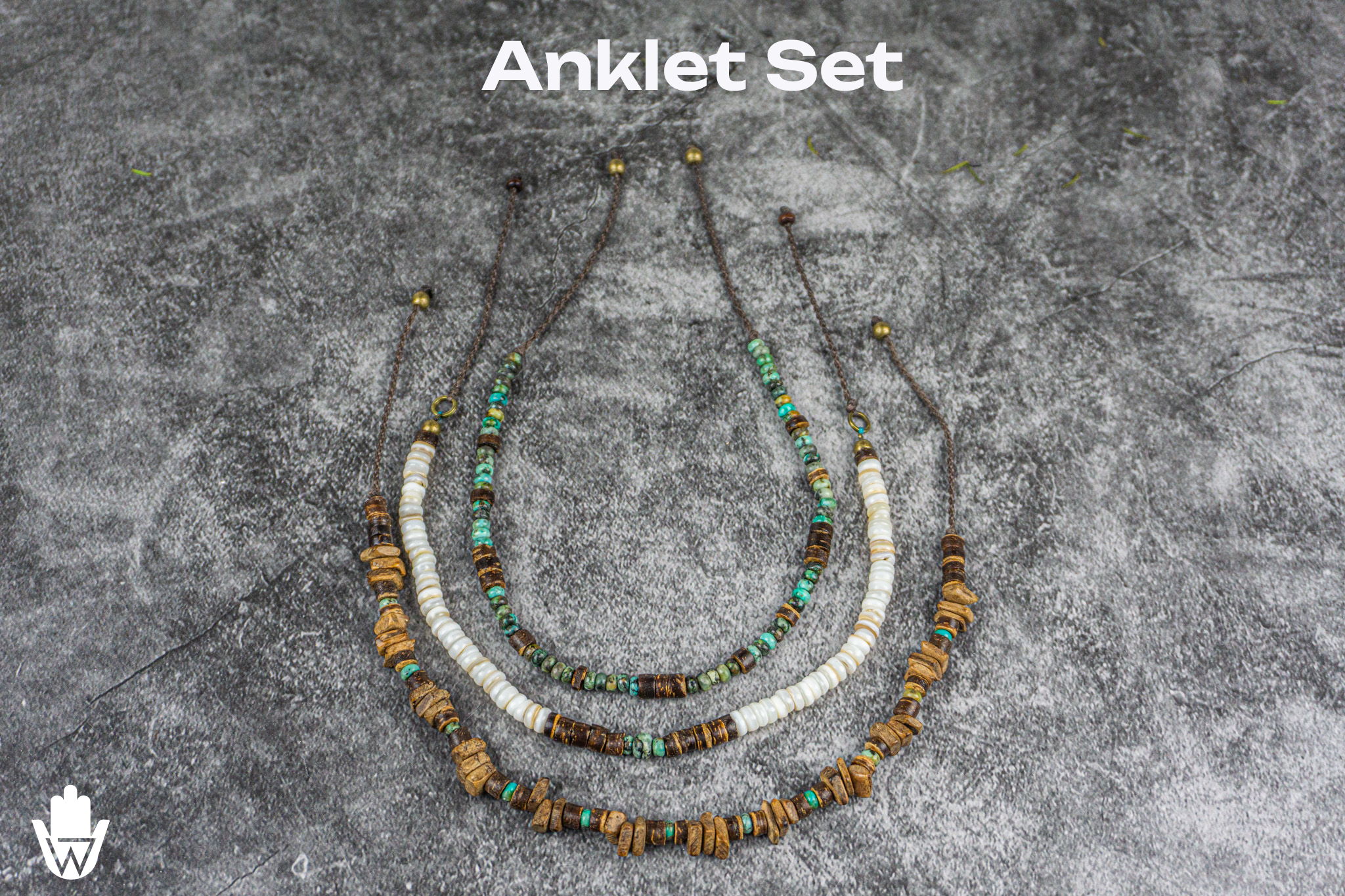 unisex anklet set made of seasheels, coconut and african turquoise jasper gemstone beads- wander jewellery