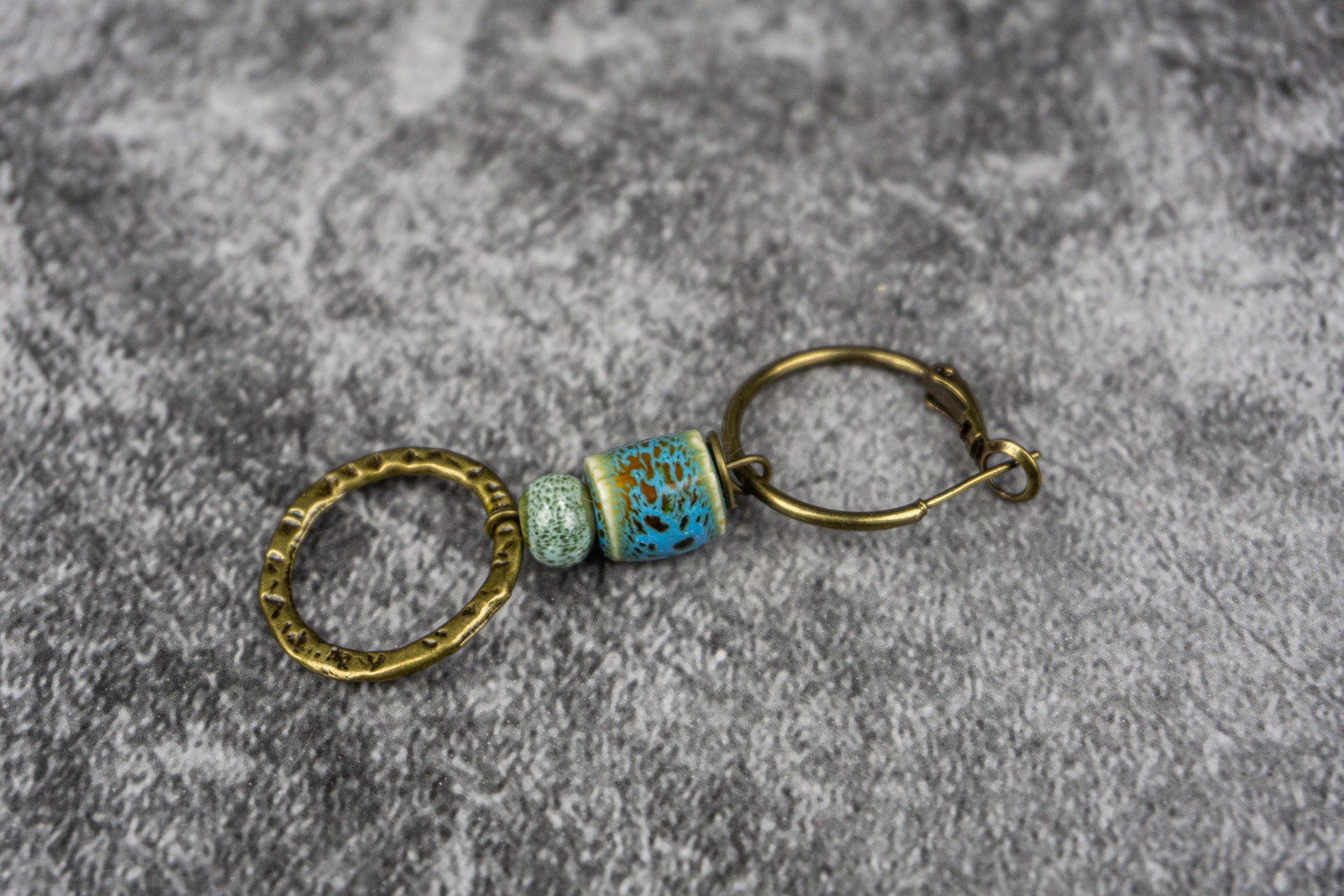 Bronze hoop earring with porcelain beads and antique bronze ring – Wander Jewellery