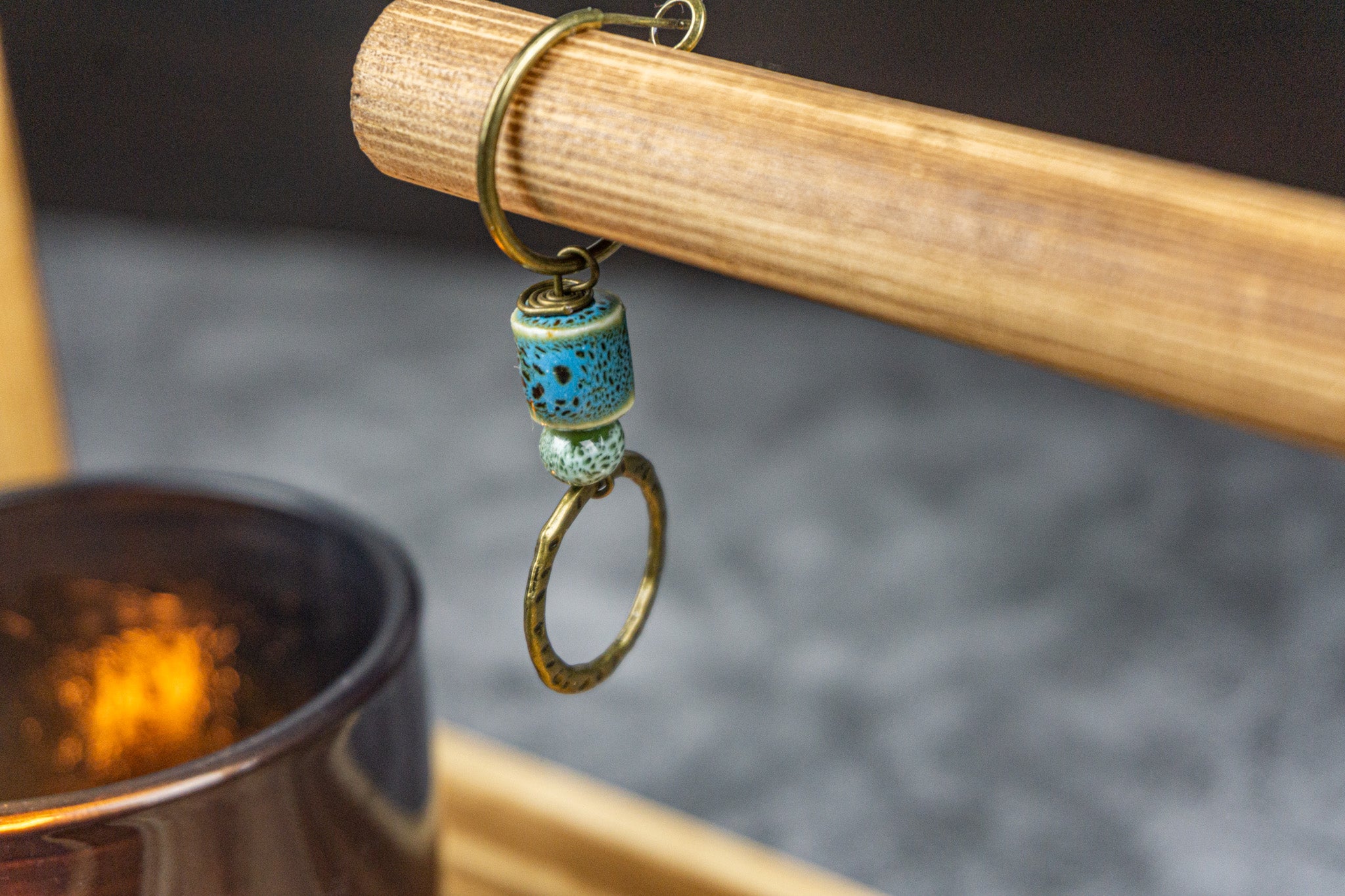 Handmade boho earrings with light blue porcelain beads and antique bronze ring– Wander Jewellery