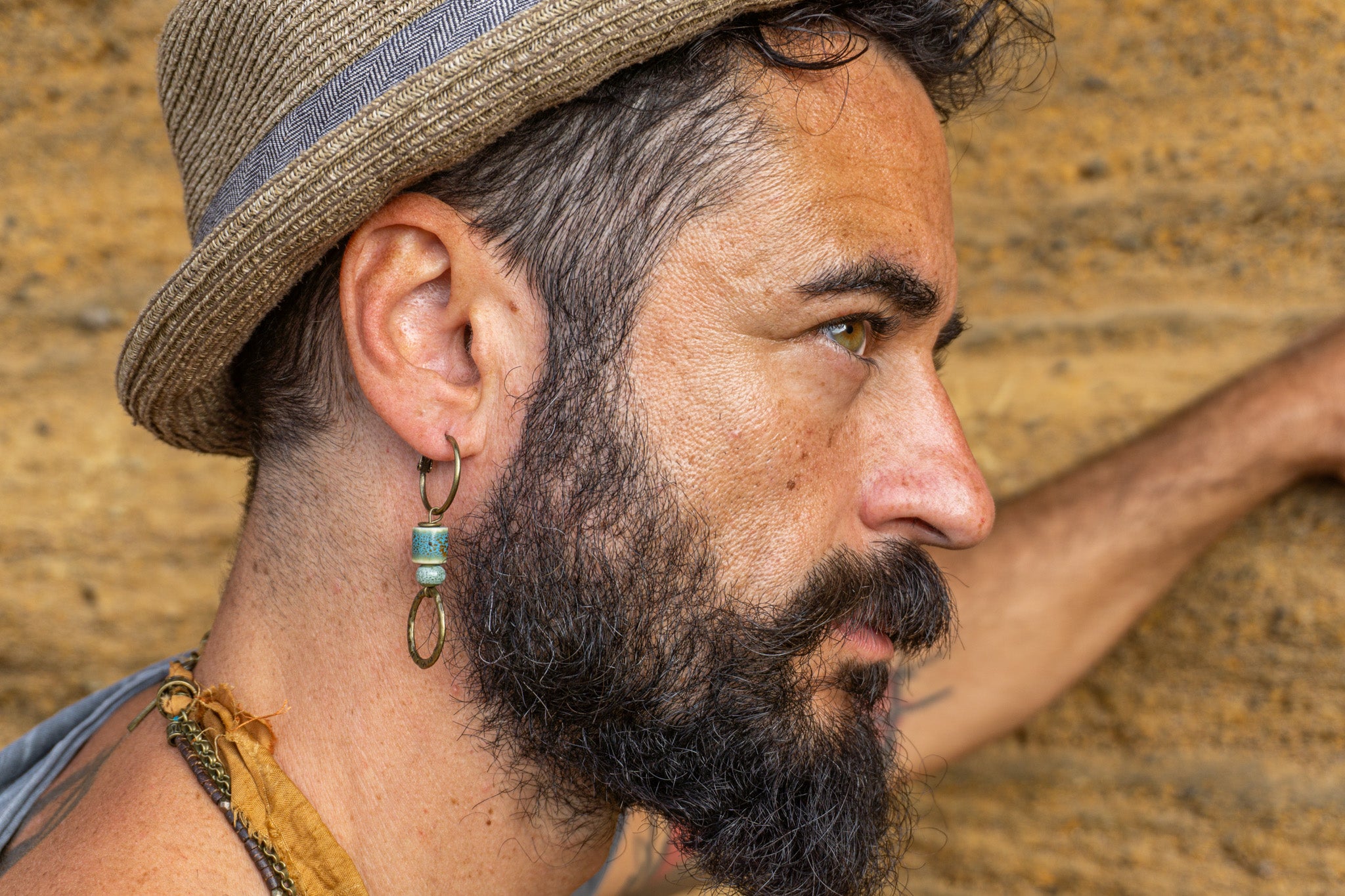 Mens hoop dangle earring with porcelain beads and antique bronze ring – Wander Jewellery