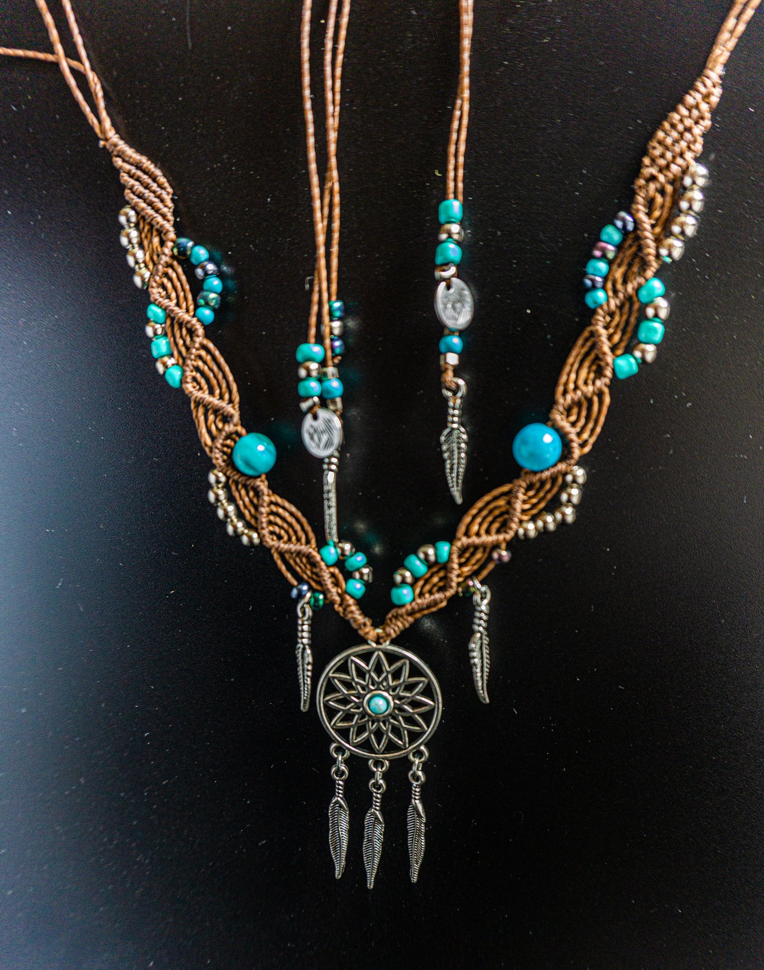boho macrame dreamcatcher necklace  - wanderjwellery