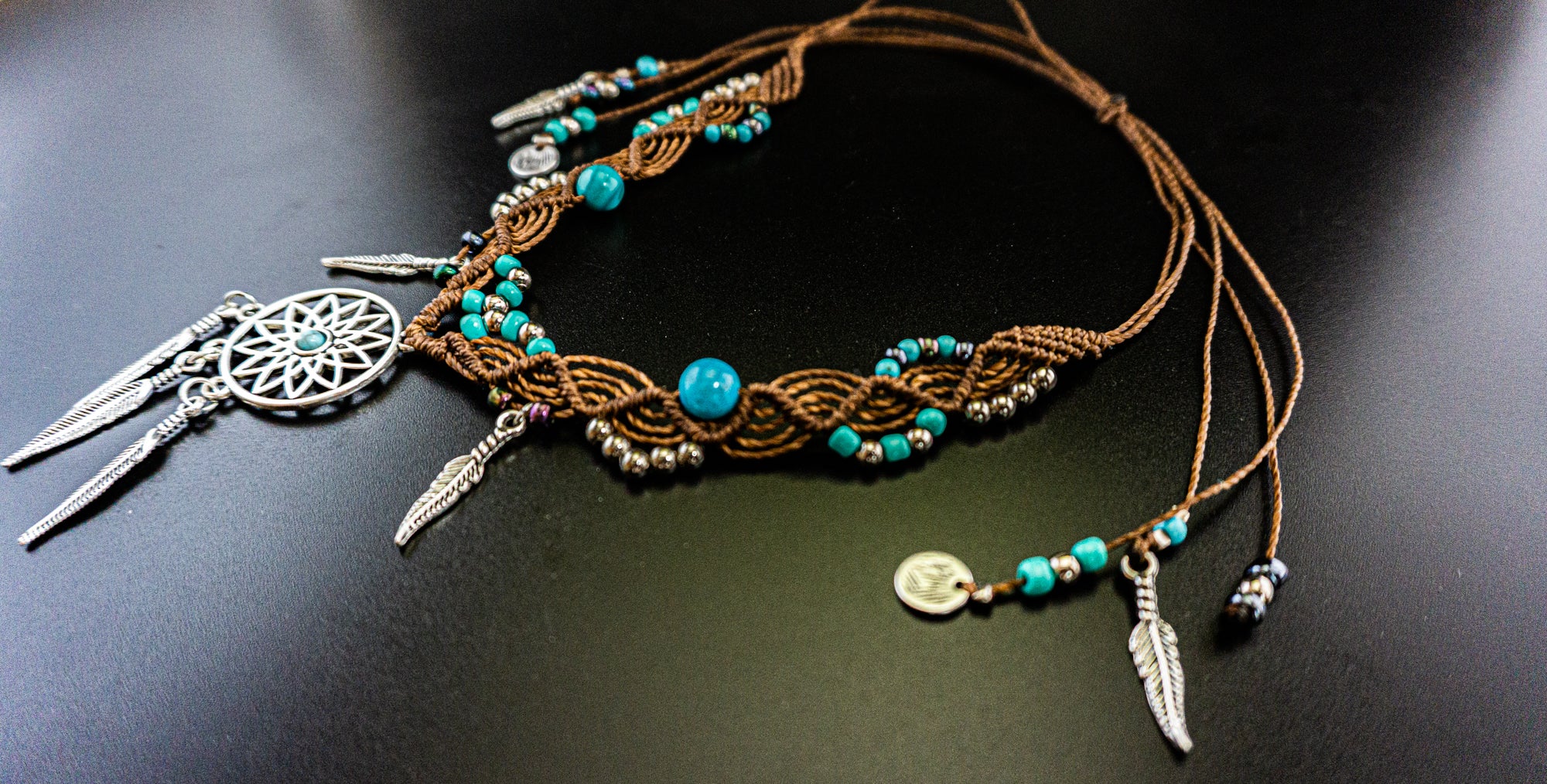 womens boho macrame dreamcatcher necklace - wanderjwellery