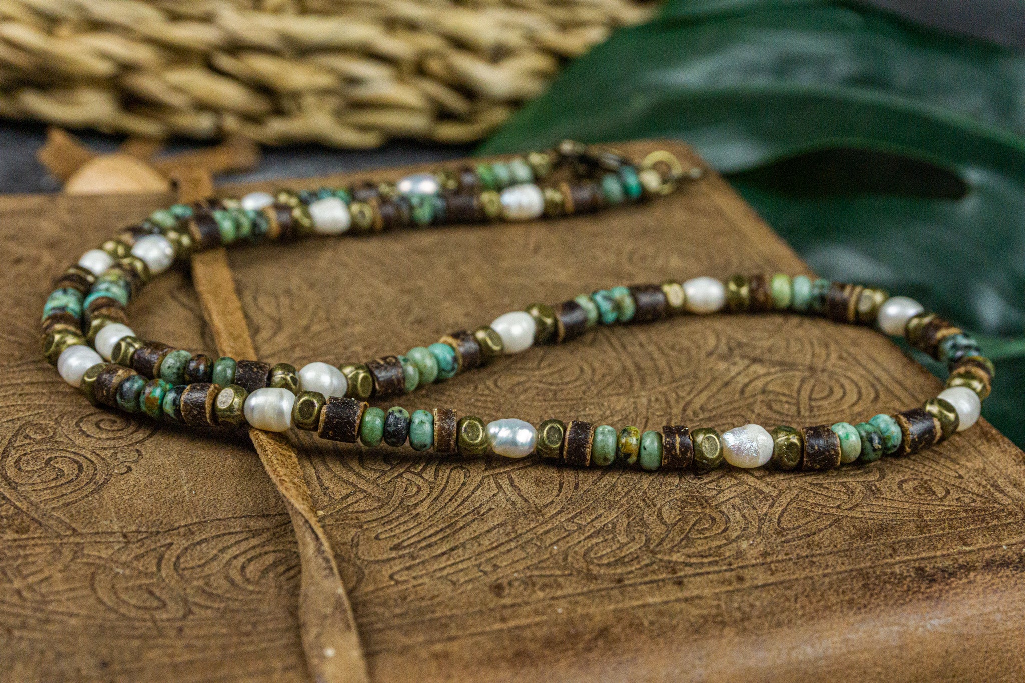 pearls coconut and green jasper gemstone beaded choker - wander jewellery