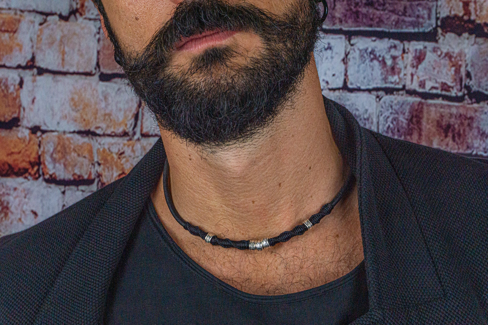 mens black leather choker necklace with stainless steel details with macrame decoration- wander jewellery
