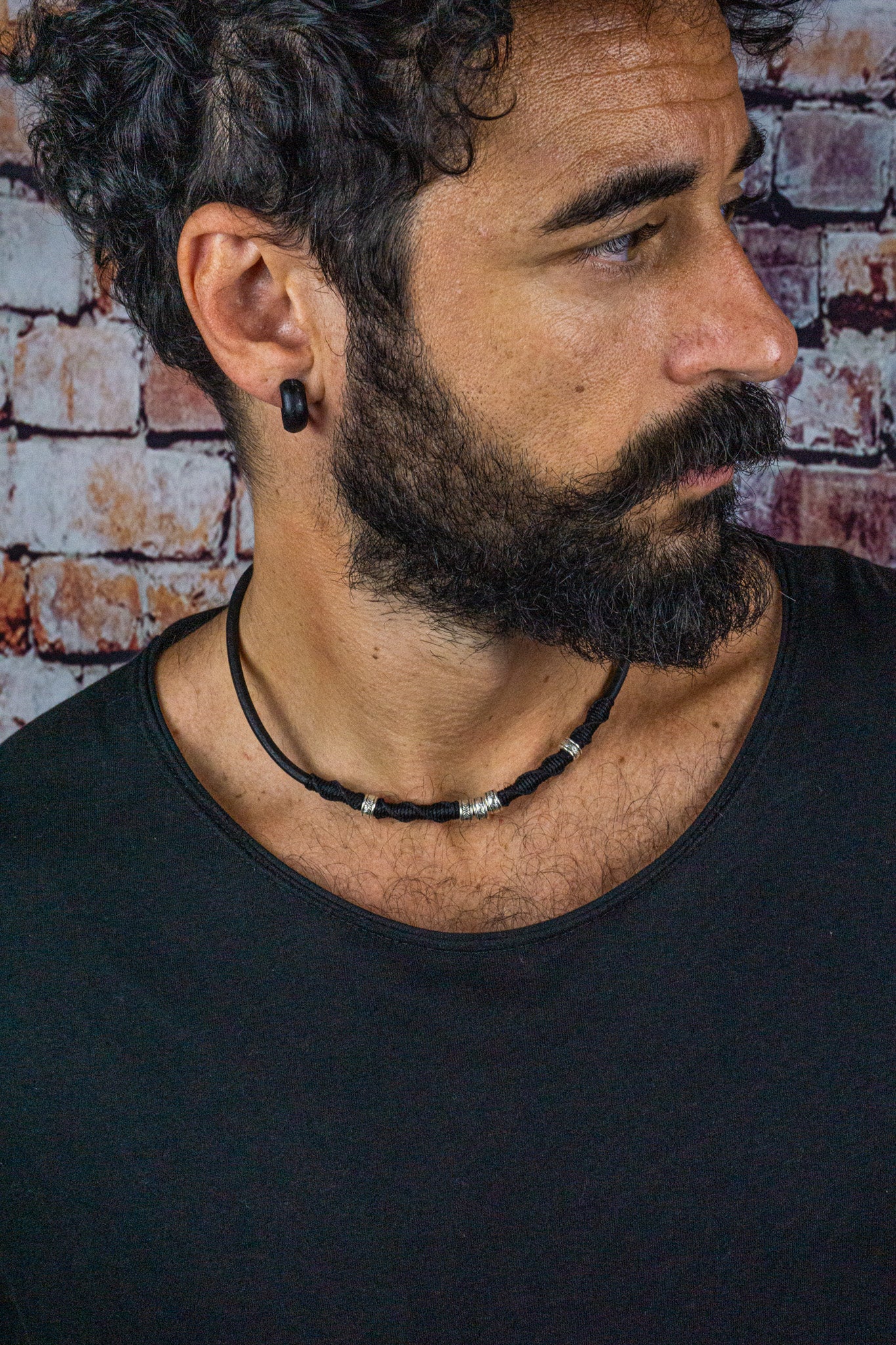 mens leather choker necklace with stainless steel details with macrame decoration- wander jewellery