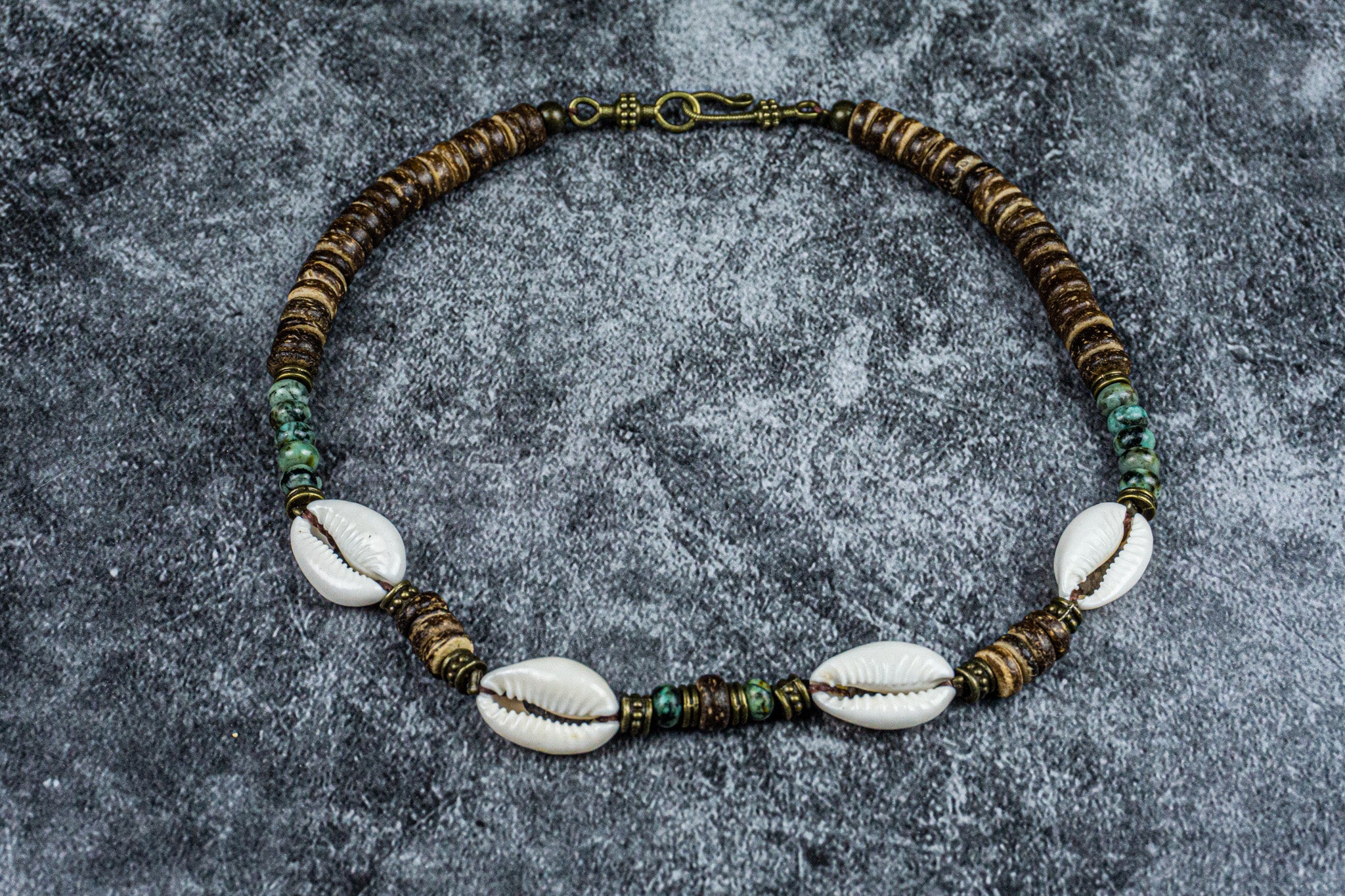choker necklace with cowrie shell coconut and green jasper gemstone- wander jewellery