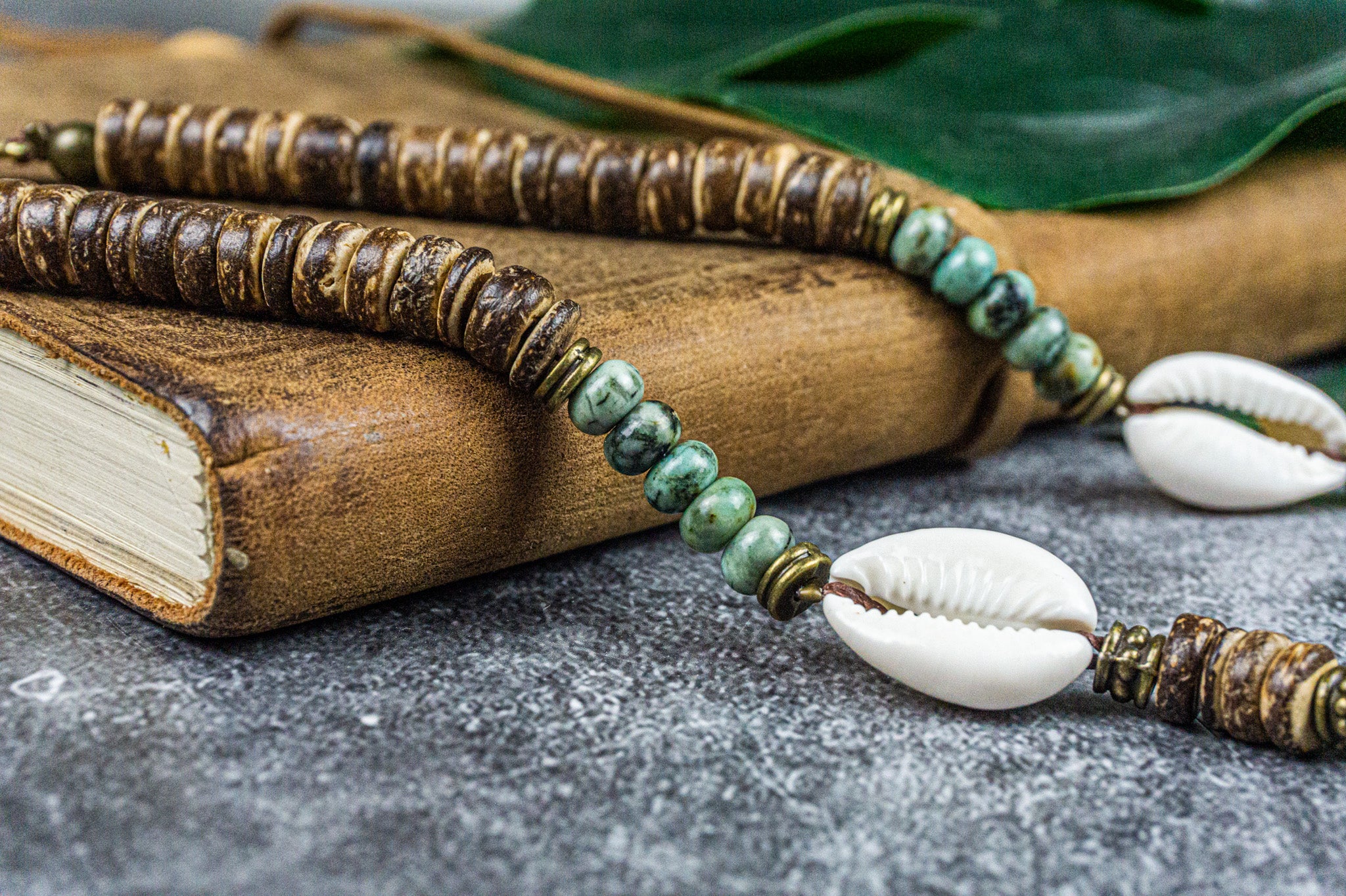 choker necklace with cowrie shell coconut and green jasper - wander jewellery