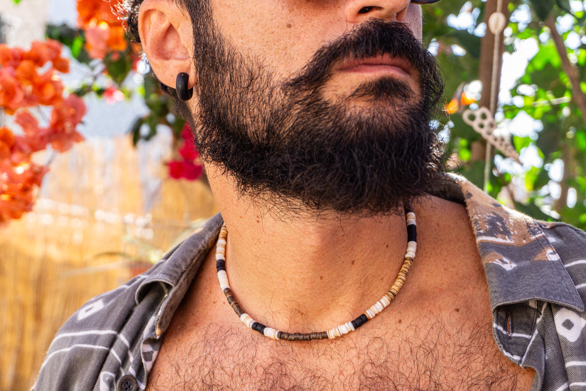 mens coconut and seashell choker necklace- wander jewellery