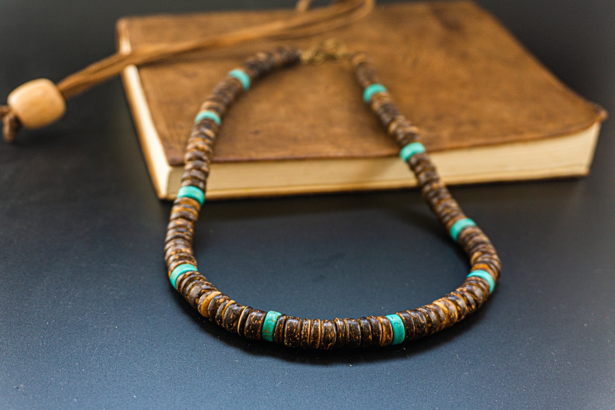chunky coconut shell beaded choker necklace with turquoise gemstones- wander jewellery