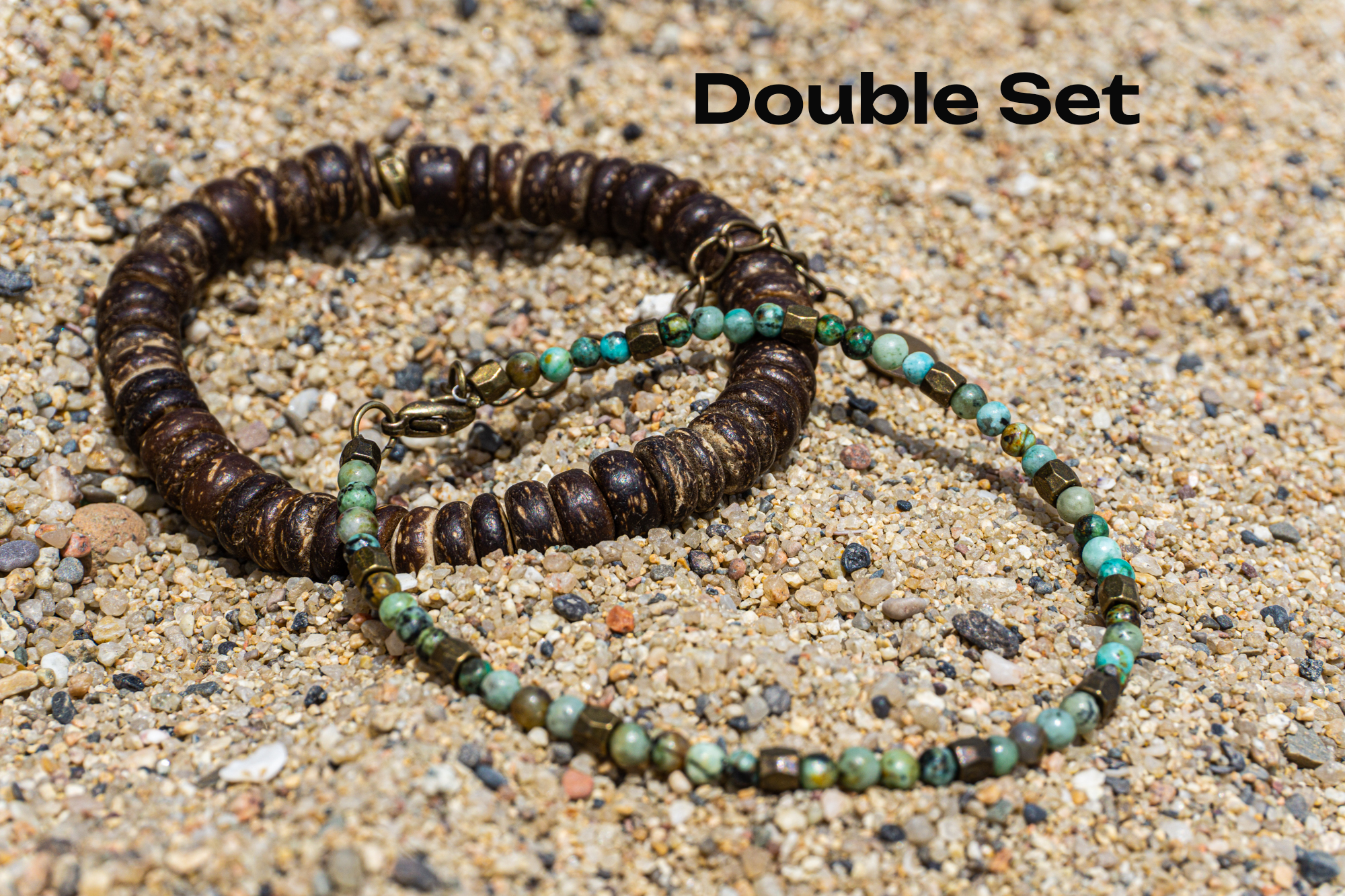 double bracelet set made of coconut shell, wooden beads and African turquoise gemstones- wander jewellery