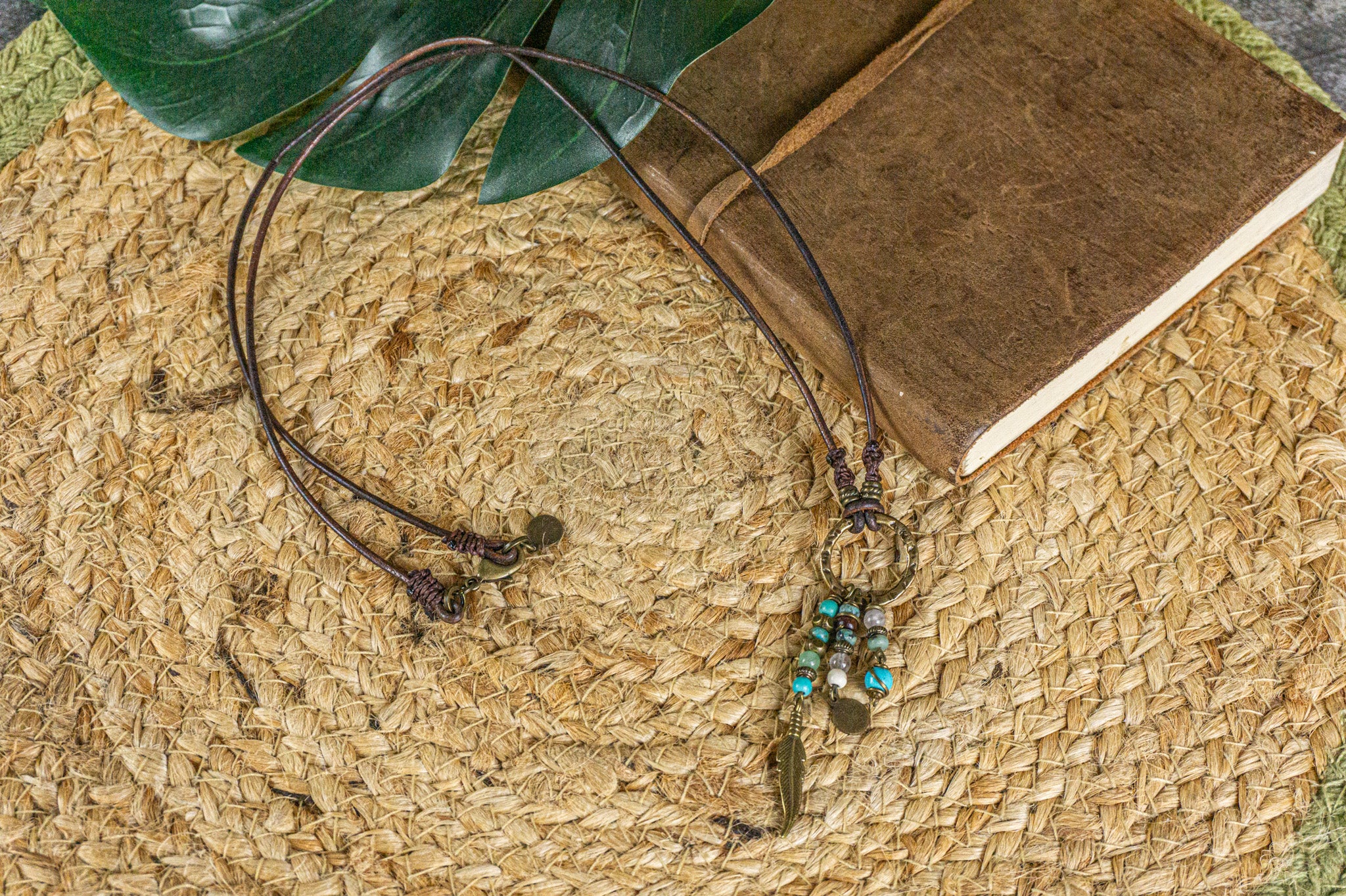 leather minimalist charm beaded pendant necklace- wander jewellery