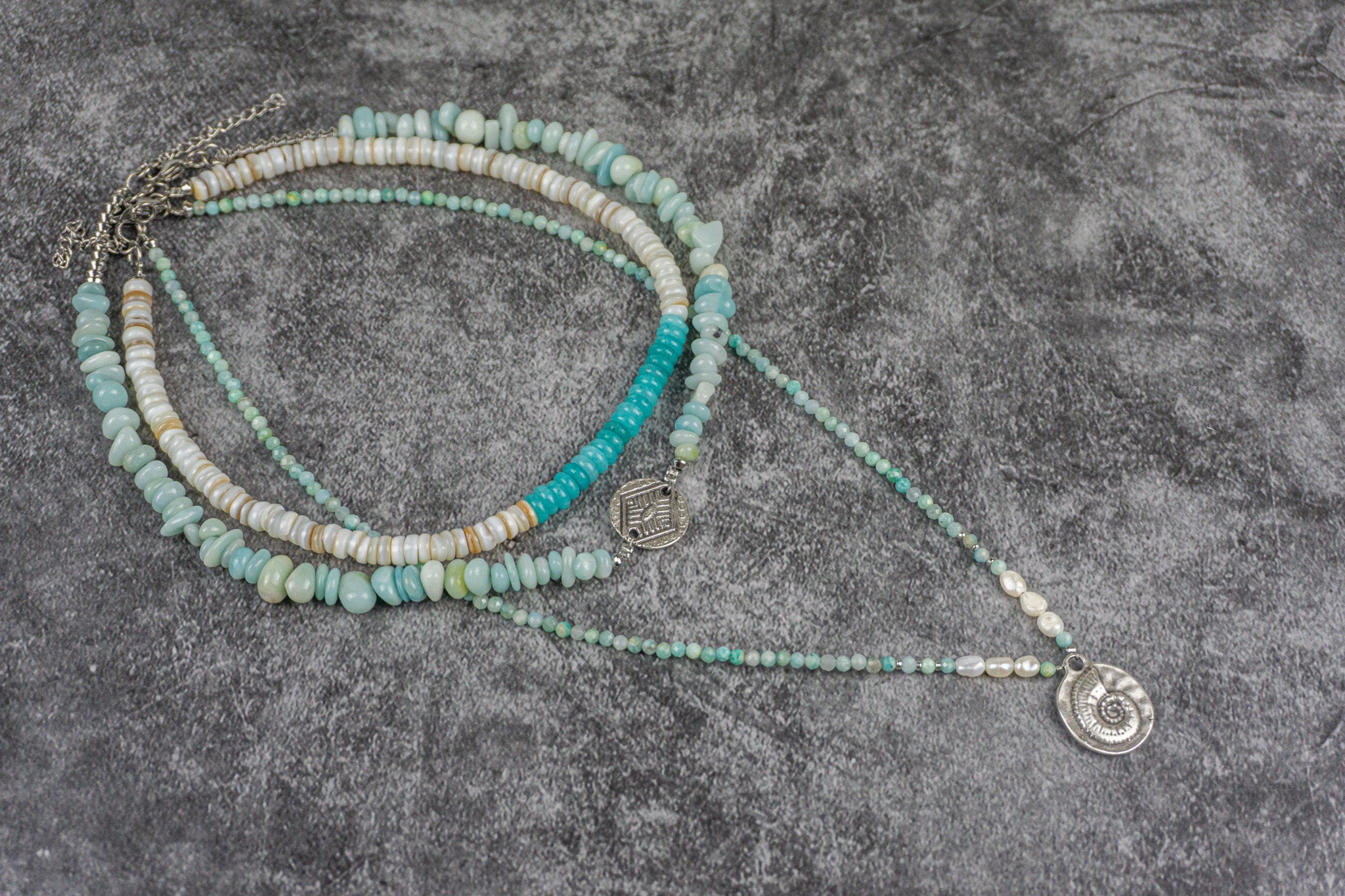 amazonite, jade, seashell and pearl triple necklace set for women- wander jewellery